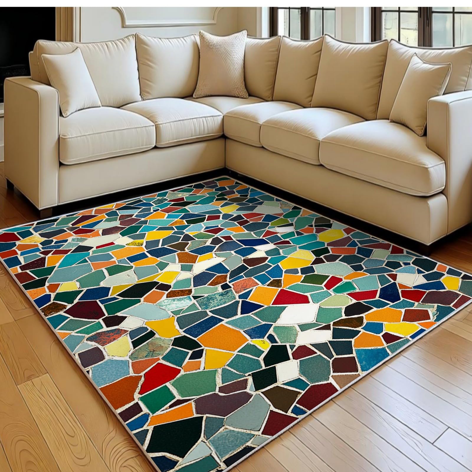 Tapis de salon 60x90 cm jaune mosaïque à poil ras lavable