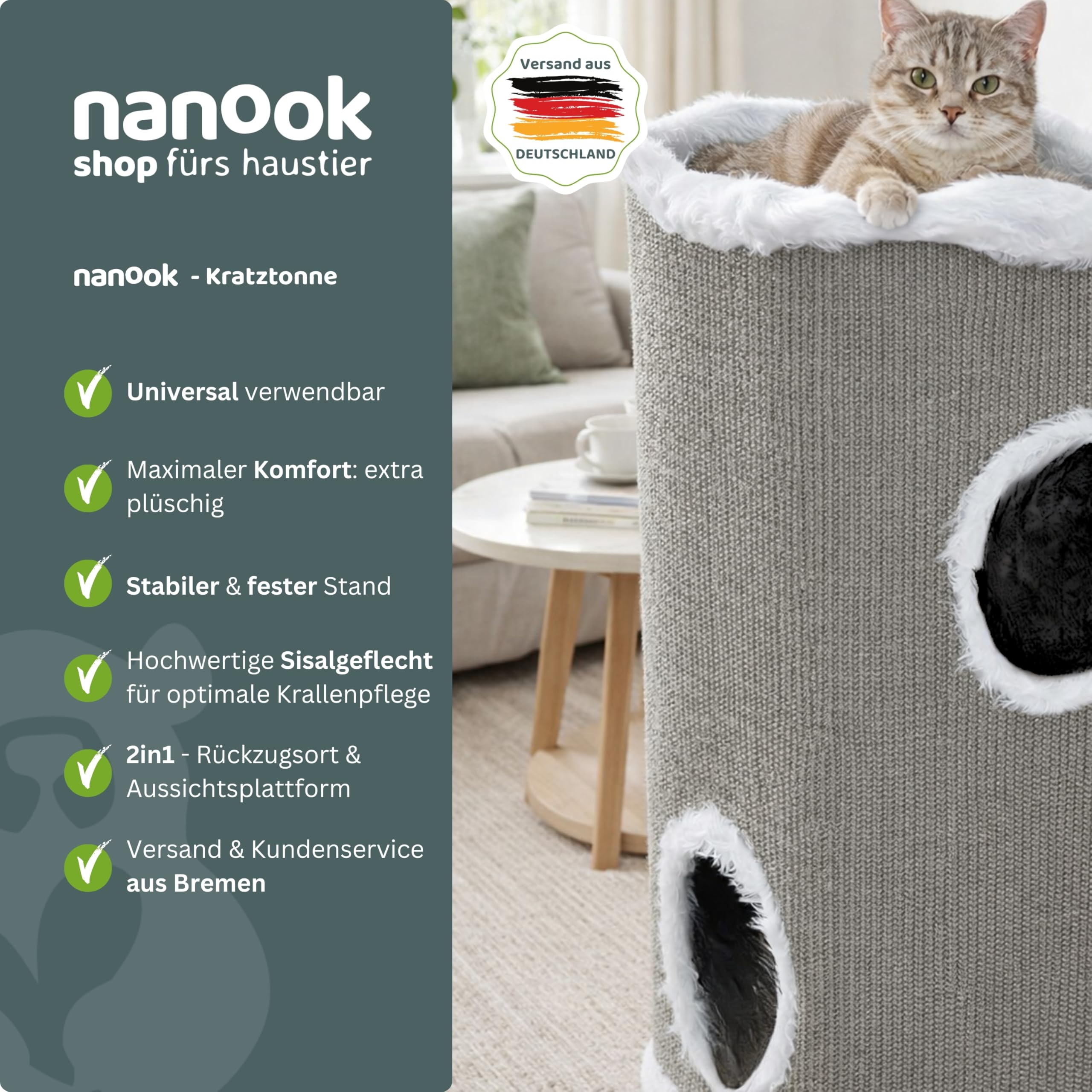 nanook Kratztonne Kratzbaum Katzenkratzbaum Toni für Katzen, 74 cm, robust und stabil, mit 2 Höhlen, mit oberem Liegeplatz