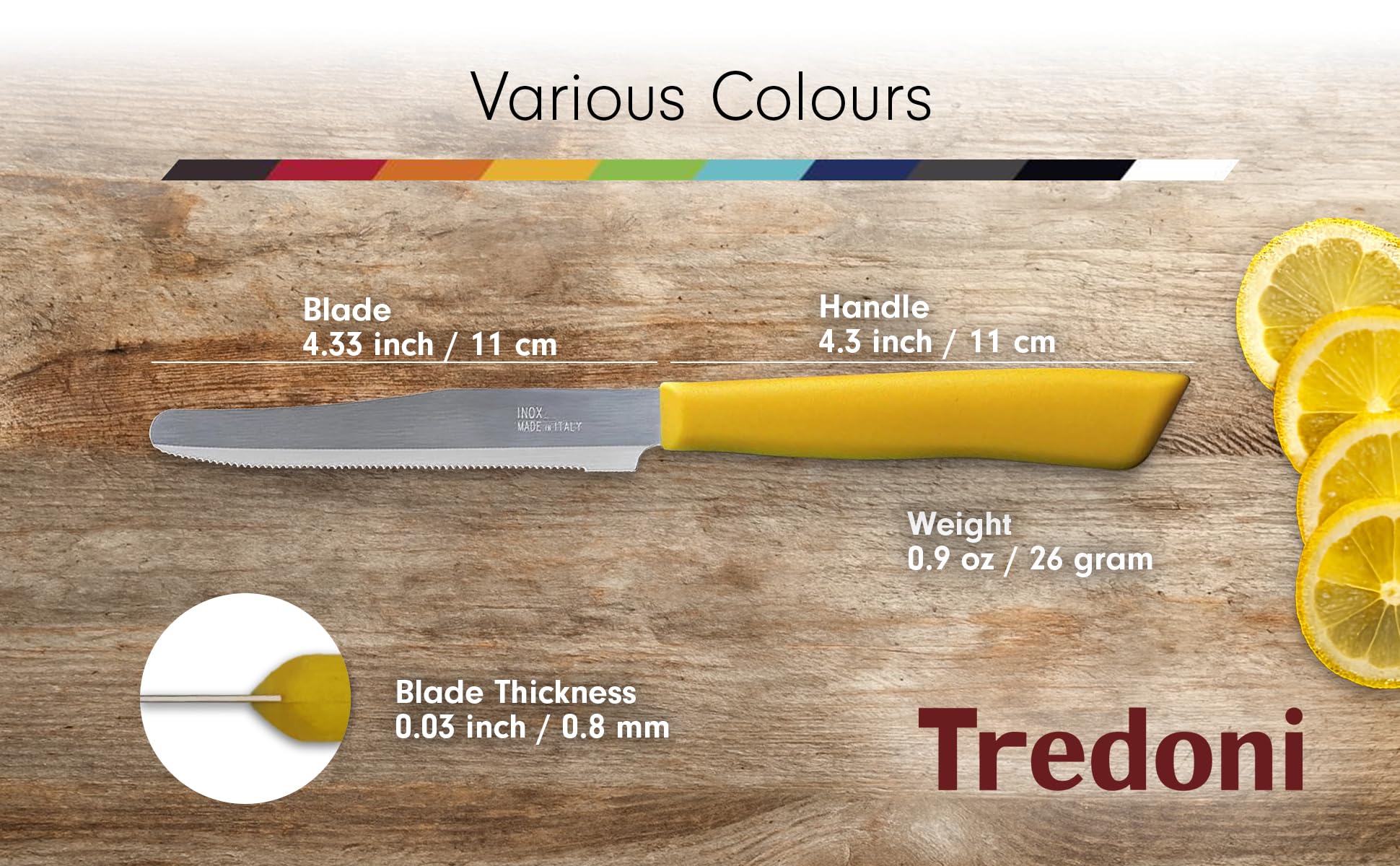 Tredoni 6 Couteaux de Cuisine - Couteau Dentelé 11cm en Acier Inoxydable Italien à Légumes/Steak/Table, Pointe Arrondie (Vert)