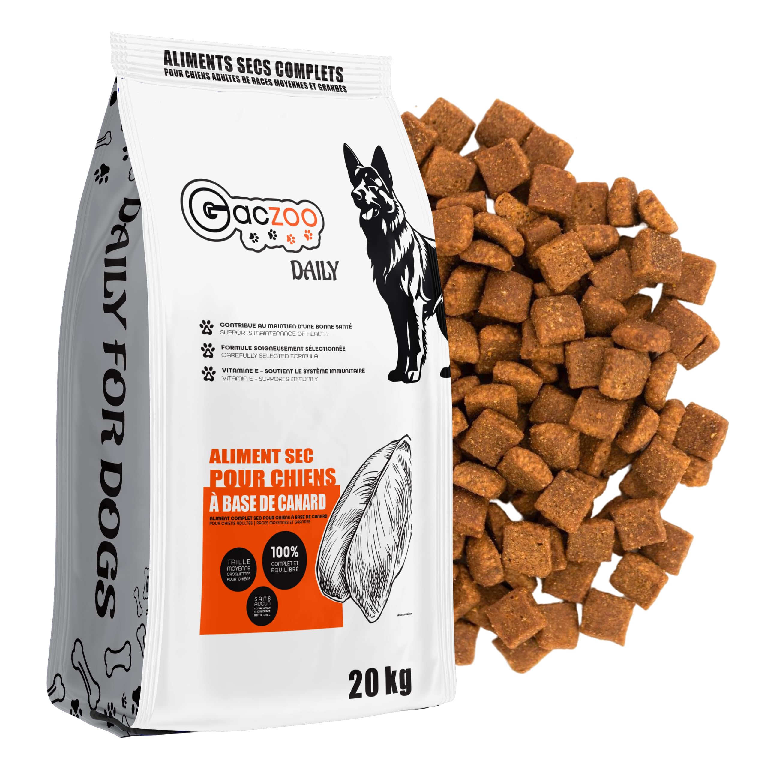 Croquette Chien avec Canard 20kg – Aliment Complet pour Chiens Adultes et Seniors, Races Moyennes et Grandes – avec céréales, Viande sèche et vitamines A, D3 et E