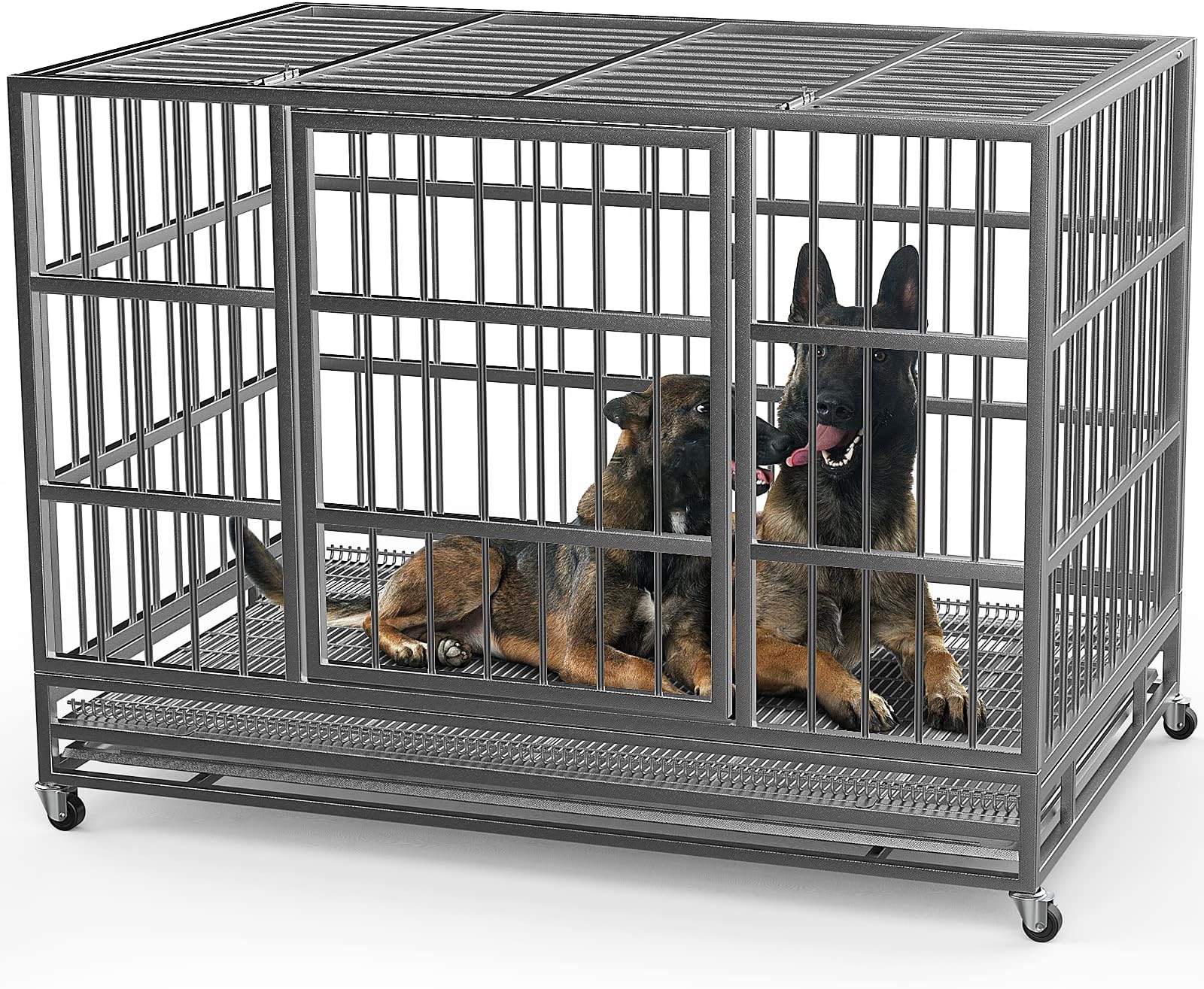 WOKEEN 48 Inch Heavy Duty Indestructible Dog Crate Cage Kennel with Wheels, High Anxiety Dog Crate, Sturdy Locks Design, Double Door and Removable Tray Design, Extra Large XL XXL Dog Crate.