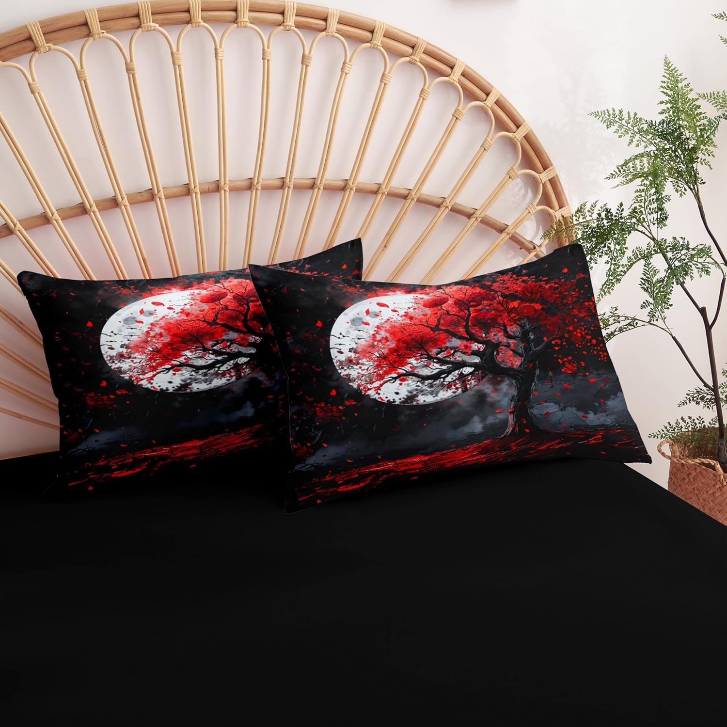 Black Red Cherry Blossom Comforter Set Queen Size Gothic Moon Bedding Set for Women Girls Oil Painting Decor Quilt Set - 3Pcs Soft Fluffy Microfiber with 2 Pillowcases(90 * 90)