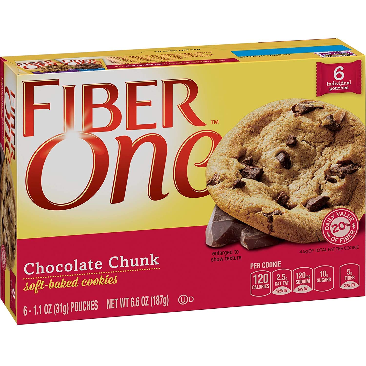 Fiber One Soft Baked Cookies Chocolate Chunk Cookie, 6 Cookies, 6.6 oz. (Pack of 3)