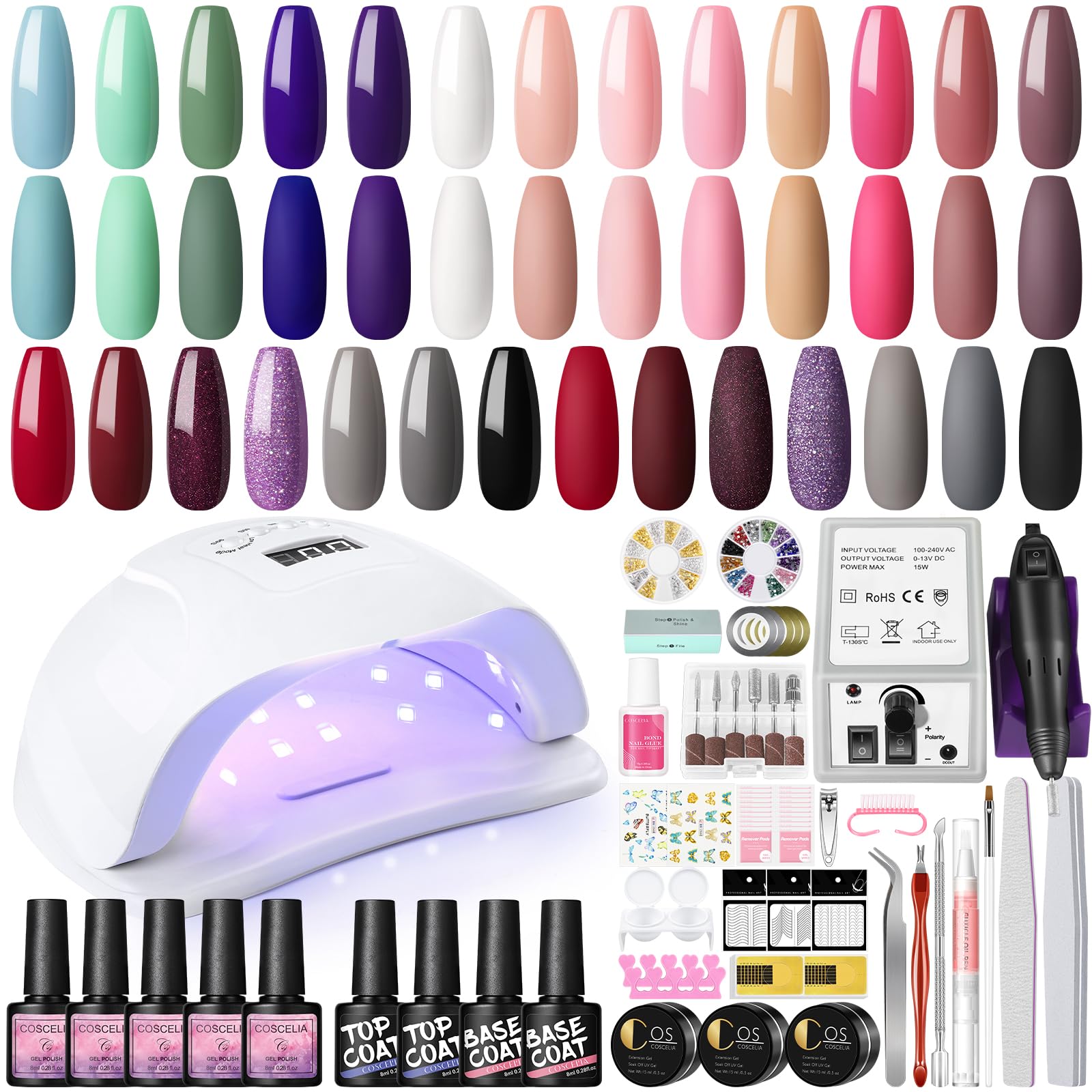 COSCELIA Kit Uñas de Gel Completo,Uñas Semipermanentes Kit,20 Colores Esmaltes Semipermanentes kit manicura,Lámpara U-V/LED para Uñas 80W,Torno Eléctrico para Uñas