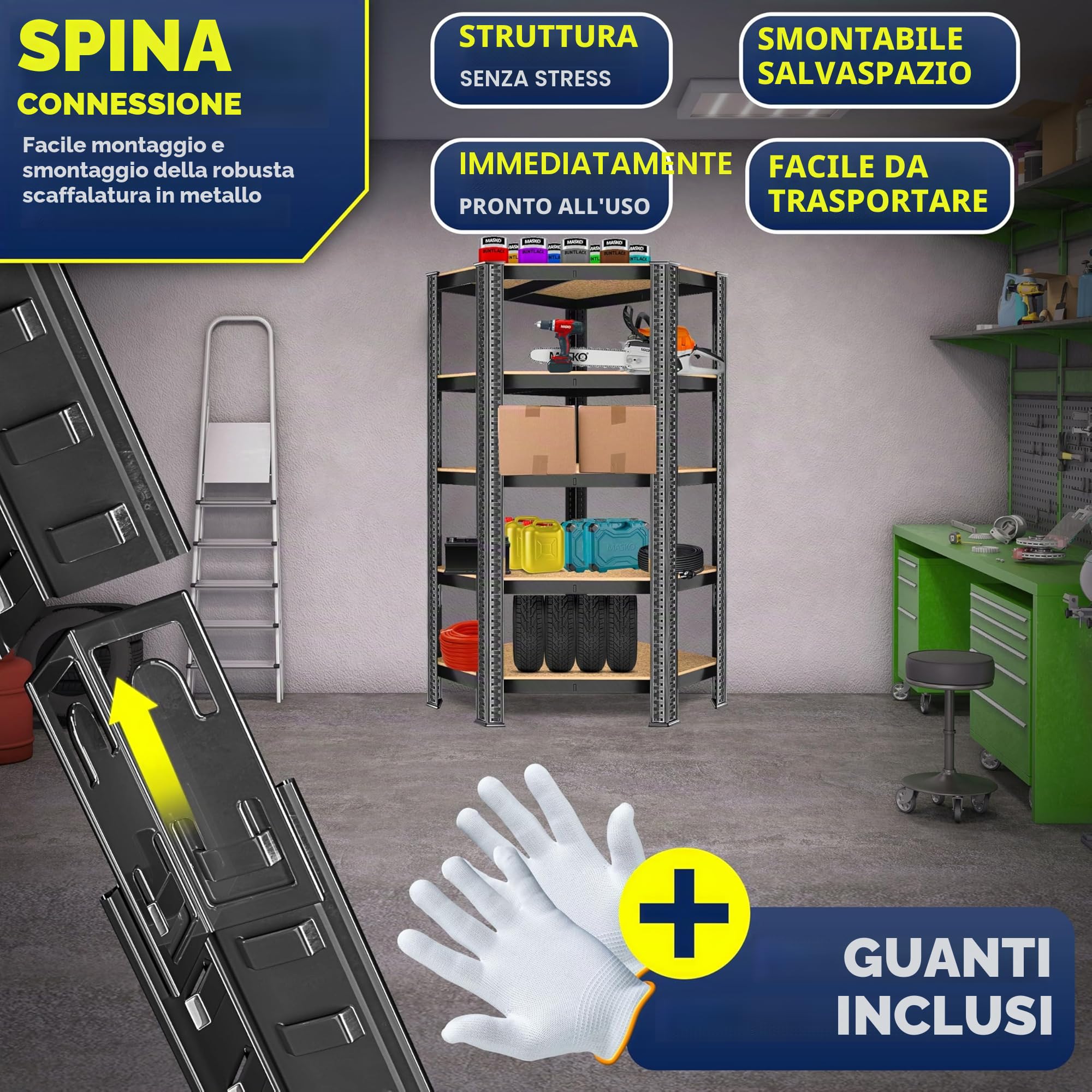 MASKO® Scaffale Angolare, Scaffale di Stoccaggio, per Carichi Pesanti, 180x75x40cm, fino a 875 kg, 5 Ripiani Regolabili, MDF in Metallo, Nero