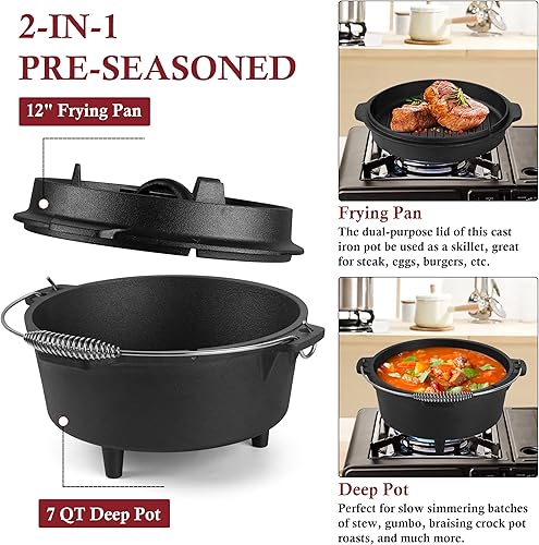 Miniatura 2 de Leonyo Horno holandés de hierro fundido con tapa, horno holandés de 7 cuartos de galón con tapa, olla de hierro fundido 2 en 1, olla de horno