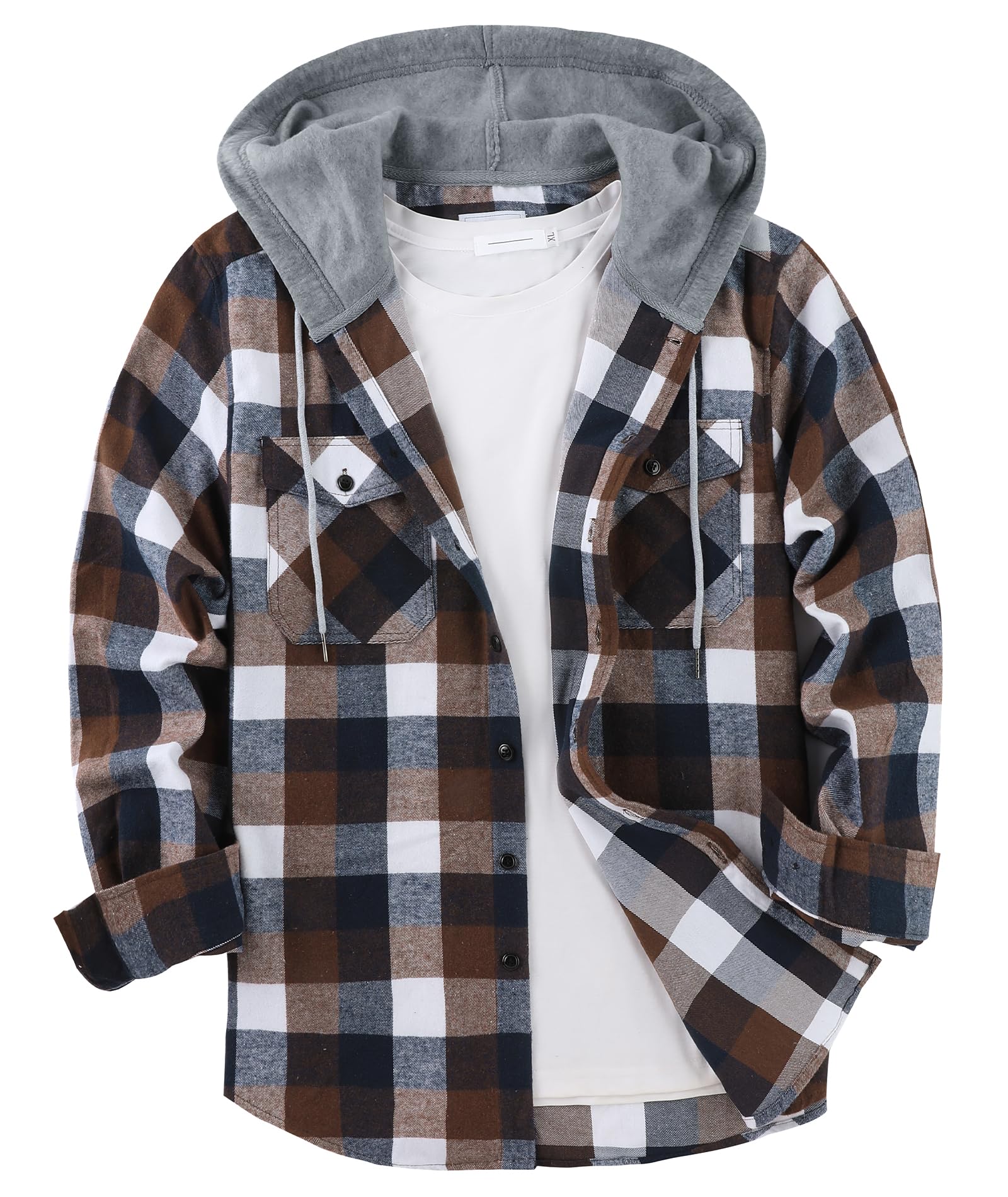 Mens Plaid Button-up Hoodies Loose Fit Long Sleeve Cotton Casual Tops Lightweight Hooded Flannel Shirt with Pockets