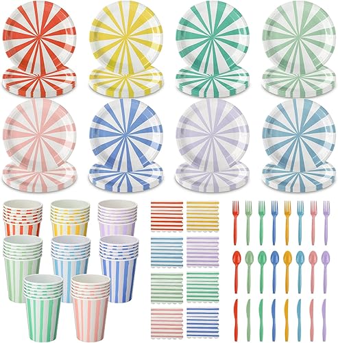 Meanplan 288 piezas de suministros de fiesta a rayas pastel incluyen platos de papel de rayas de 9 pulgadas, servilletas de papel, vajilla