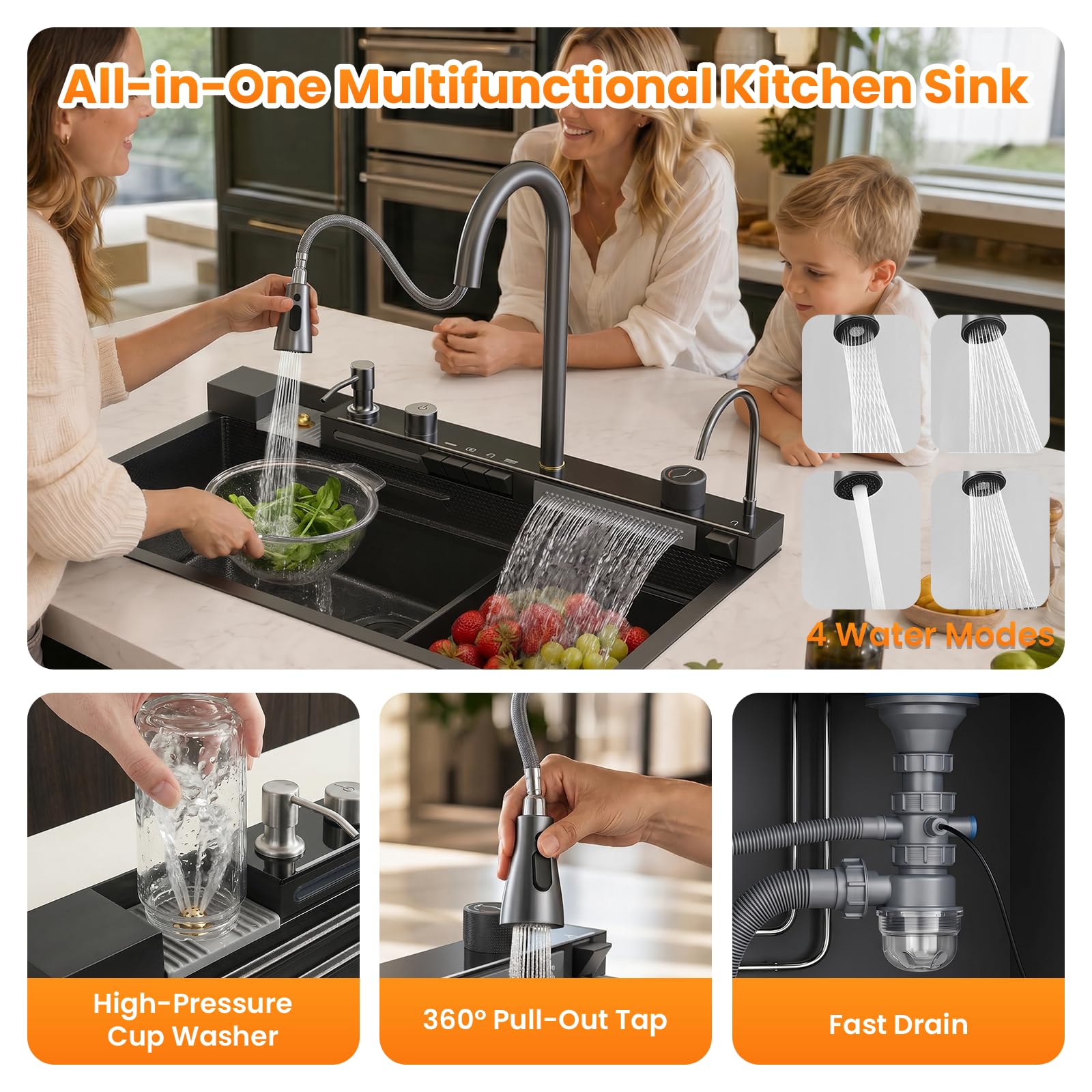 Fregadero de cocina, fregadero 1 cuenco, fregadero de cocina, fregadero de cocina con sifón, rebosadero y desagüe, cascada moderna multifuncional con juego de accesorios, 80 x 45 x 23 cm