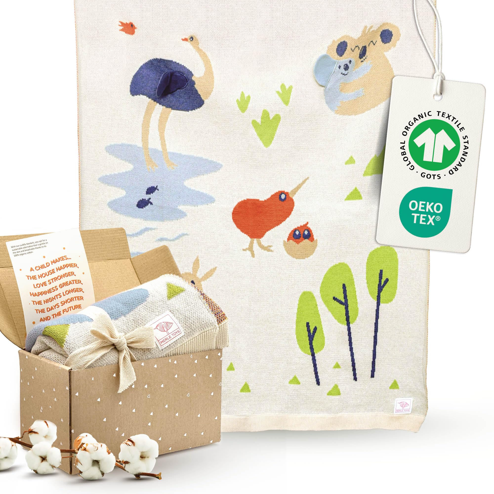 Merle Toys® Manta para bebé de algodón, 100 % orgánico, con certificación GOTS & Oeko-Tex, manta de punto para recién nacidos, regalo de nacimiento para niñas y niños, manta para bebé, amigos de
