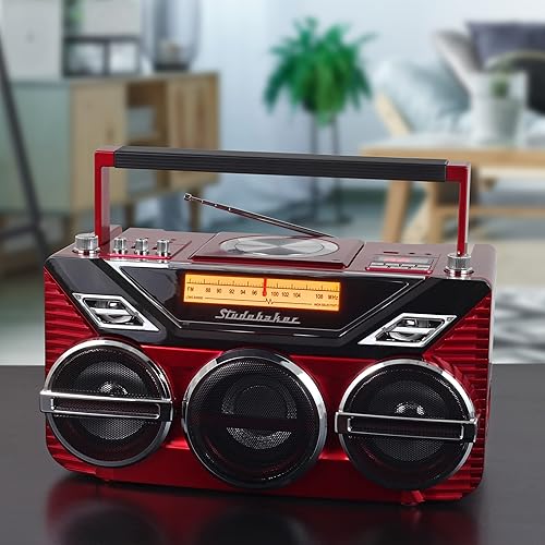 Miniatura 5 de Retro Studebaker Avanti Stereo Boombox con CD, radio estéreo FM, recepción y transmisión Bluetooth, espectáculo de luz LED y subwoofer de 15 W para