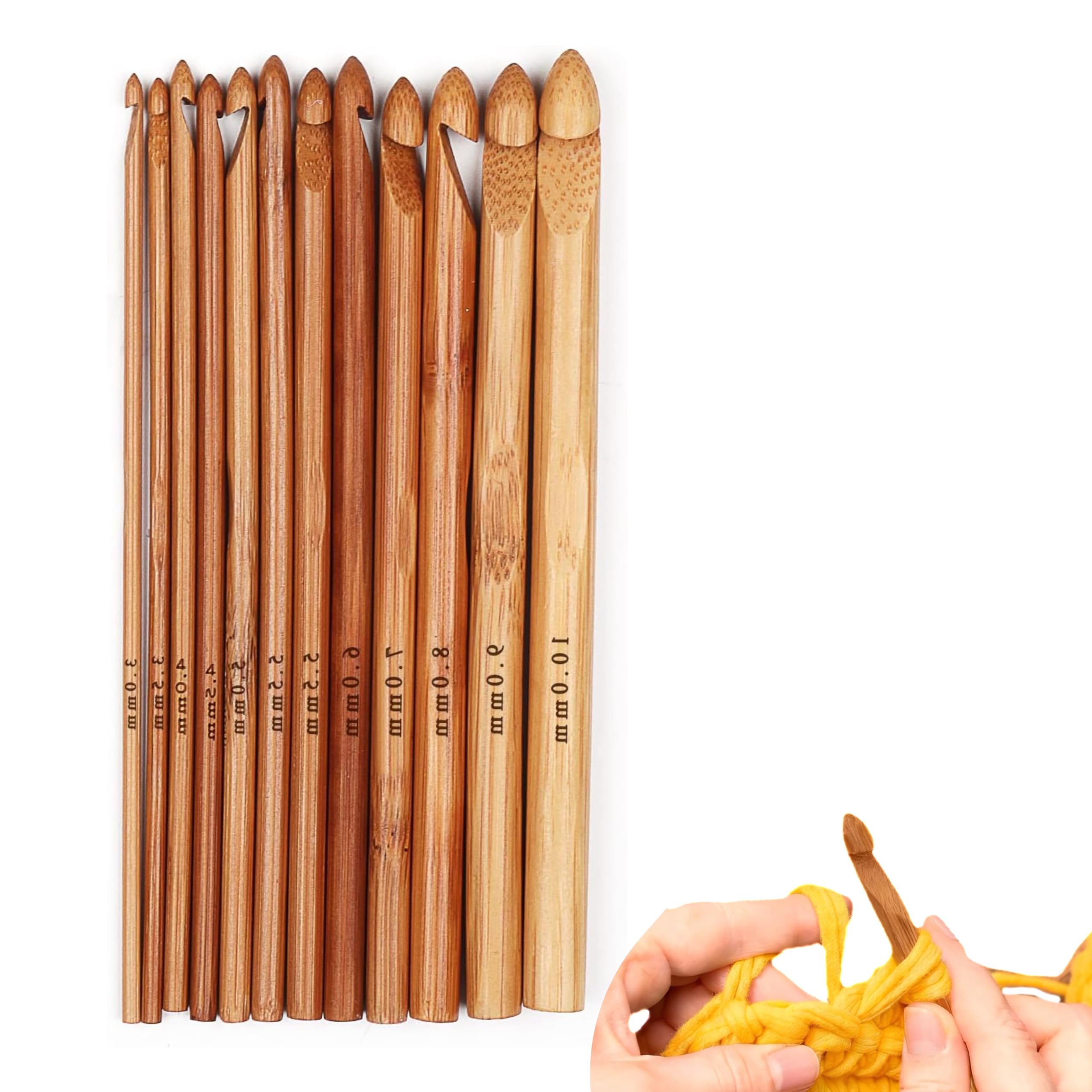 12-Piece Bamboo Crochet Hooks Set, 3-10 mm, 15 cm Single-Ended