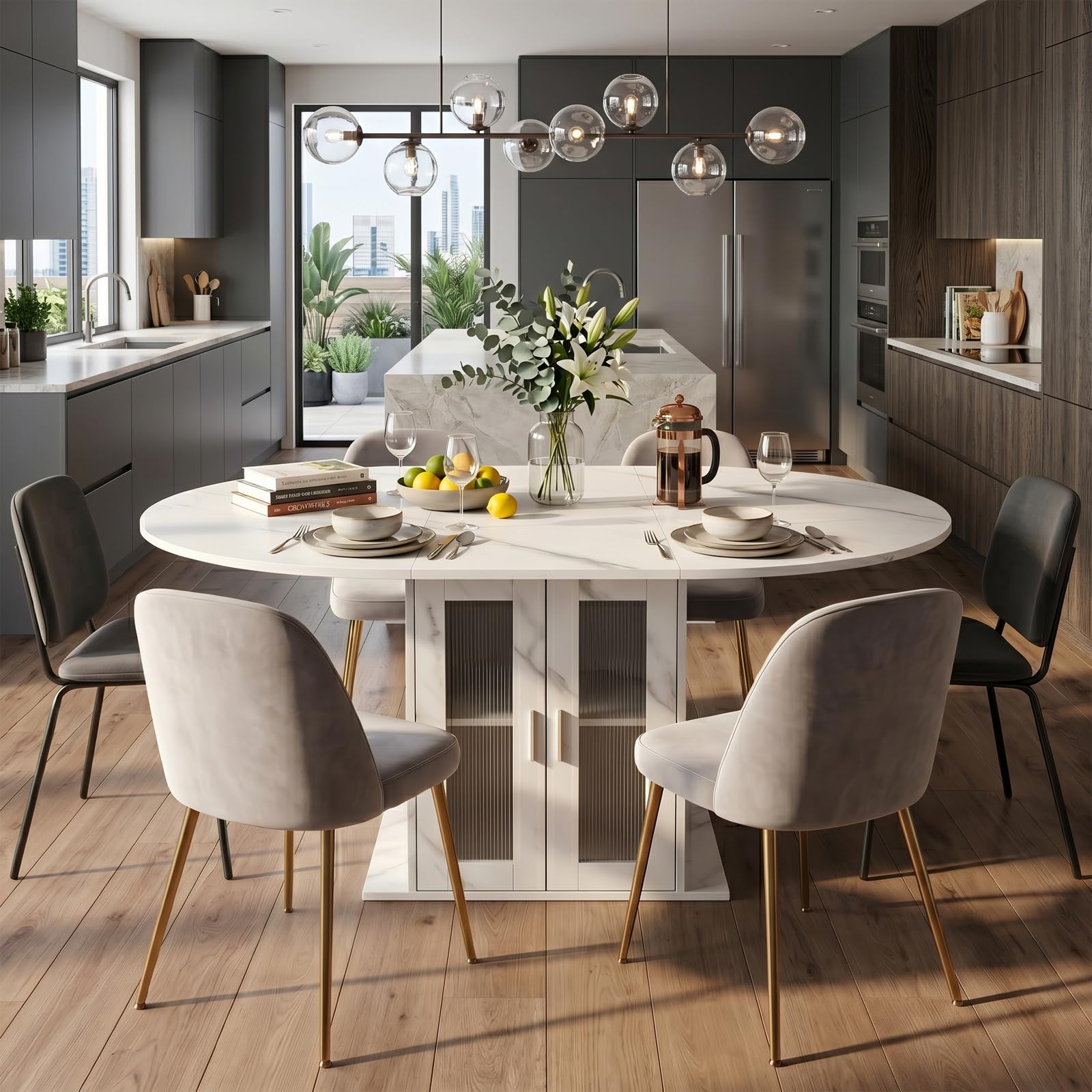 Tavolo da pranzo allungabile ovale, 100/140 x 100 x 77 cm, tavolo da cucina per 4-6 persone, con spazio di archiviazione e frigorifero, moderno tavolo da pranzo allungabile, tavolo da soggiorno con