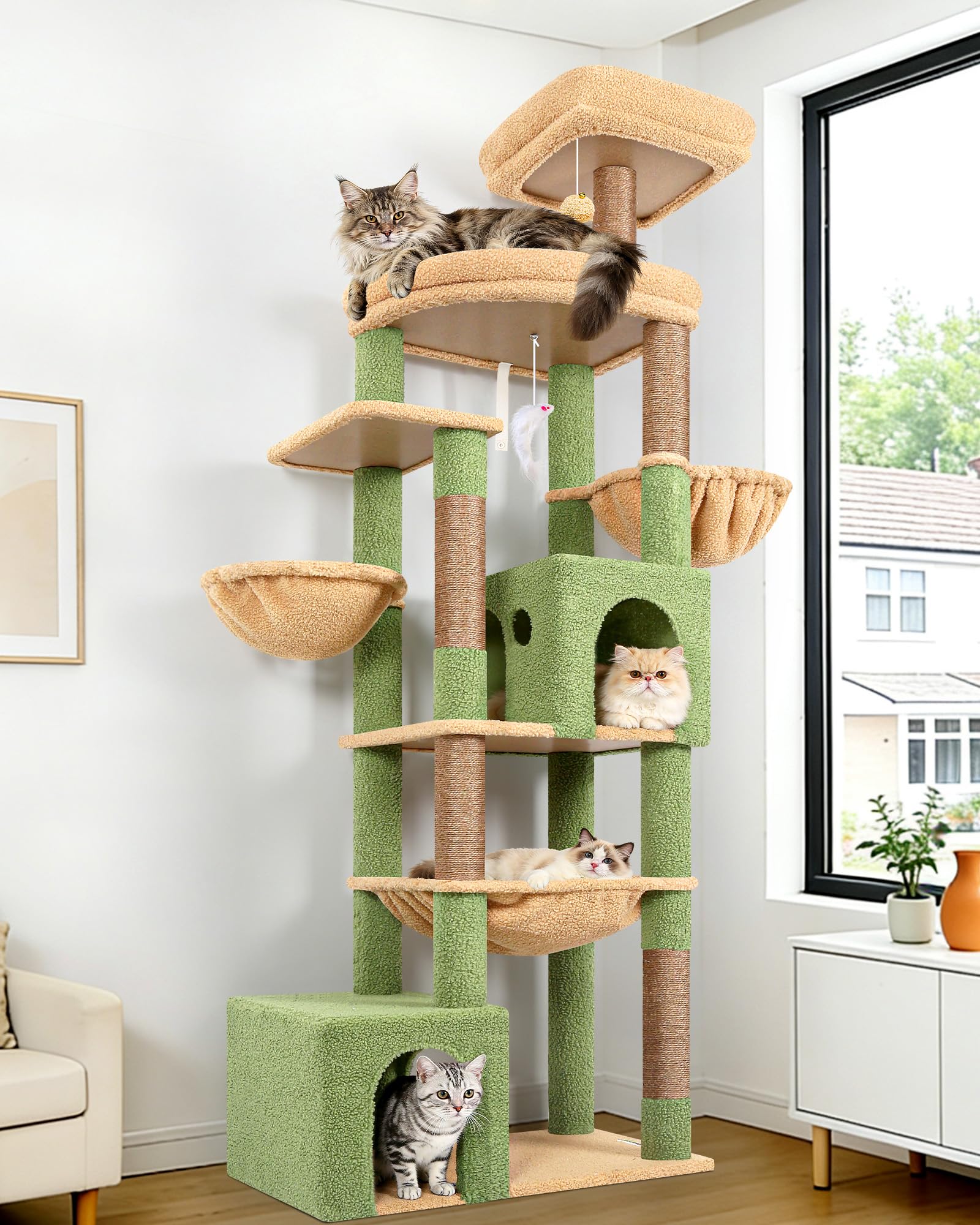 Globlazer Albero Tiragraffi per Gatti XXL 194 cm con 2 Grande Grotte, Immenso Amaca 50 * 40CM, Piattaforma Imbottiti, 2 Cestini, Trespoli, Enorme Cactus Tiragraffi per 3-5 Gatti Adulti (S76B, Verde)