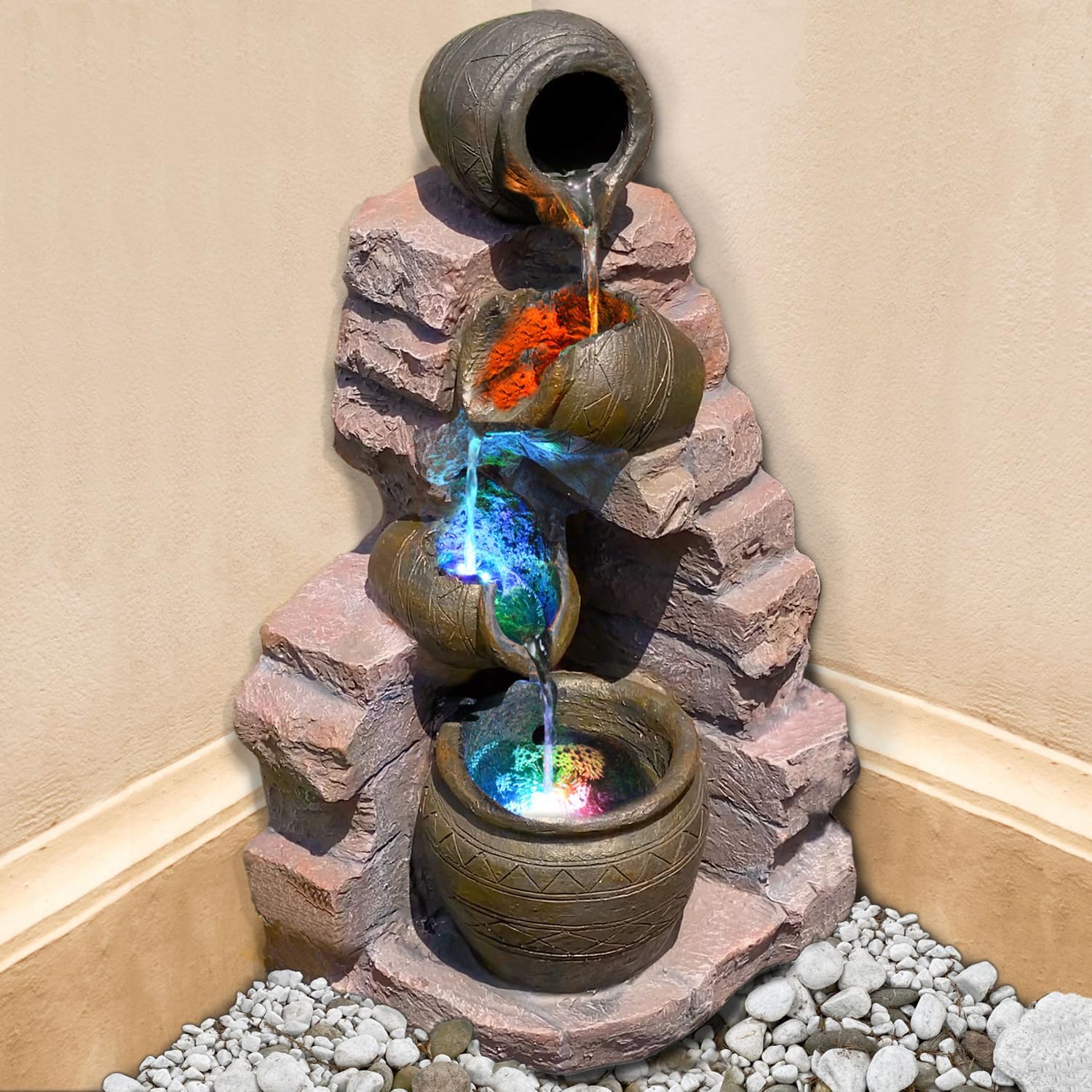 Características de Agua de jardín – Cascada, diseño de Piedra de Cascada, Fuente de Agua con LED y luz amistosa con el Medio Ambiente, para jardín, hogar y balcón, Fuente Ornamental