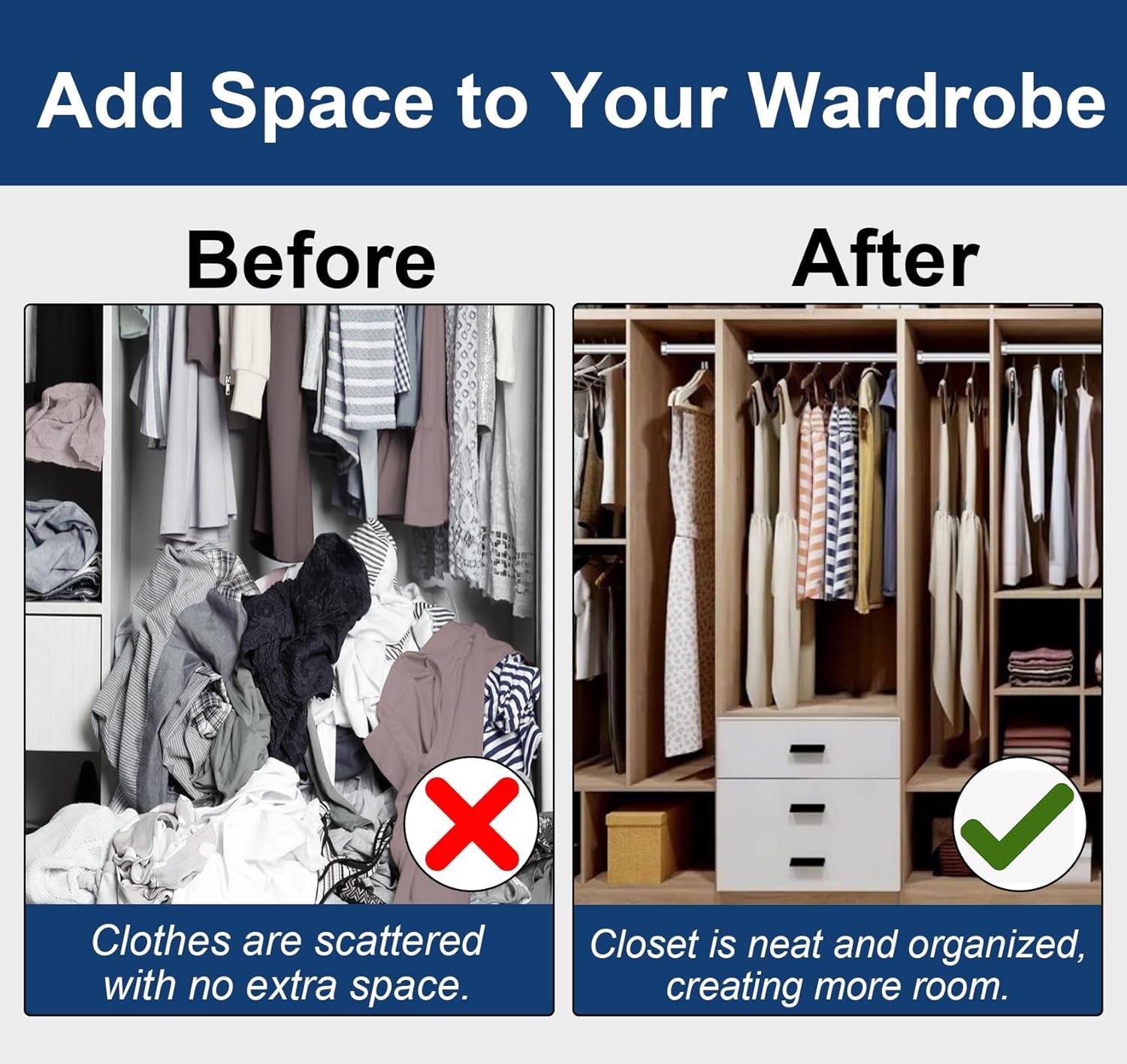 Extra Long Closet Rods 20/30/40/50/60in - Heavy Duty Metal Wardrobe Hanger Tube, 50kg Load, Ideal for Closet Storage, Easy Assembly, Perfect for Heavy Clothing.