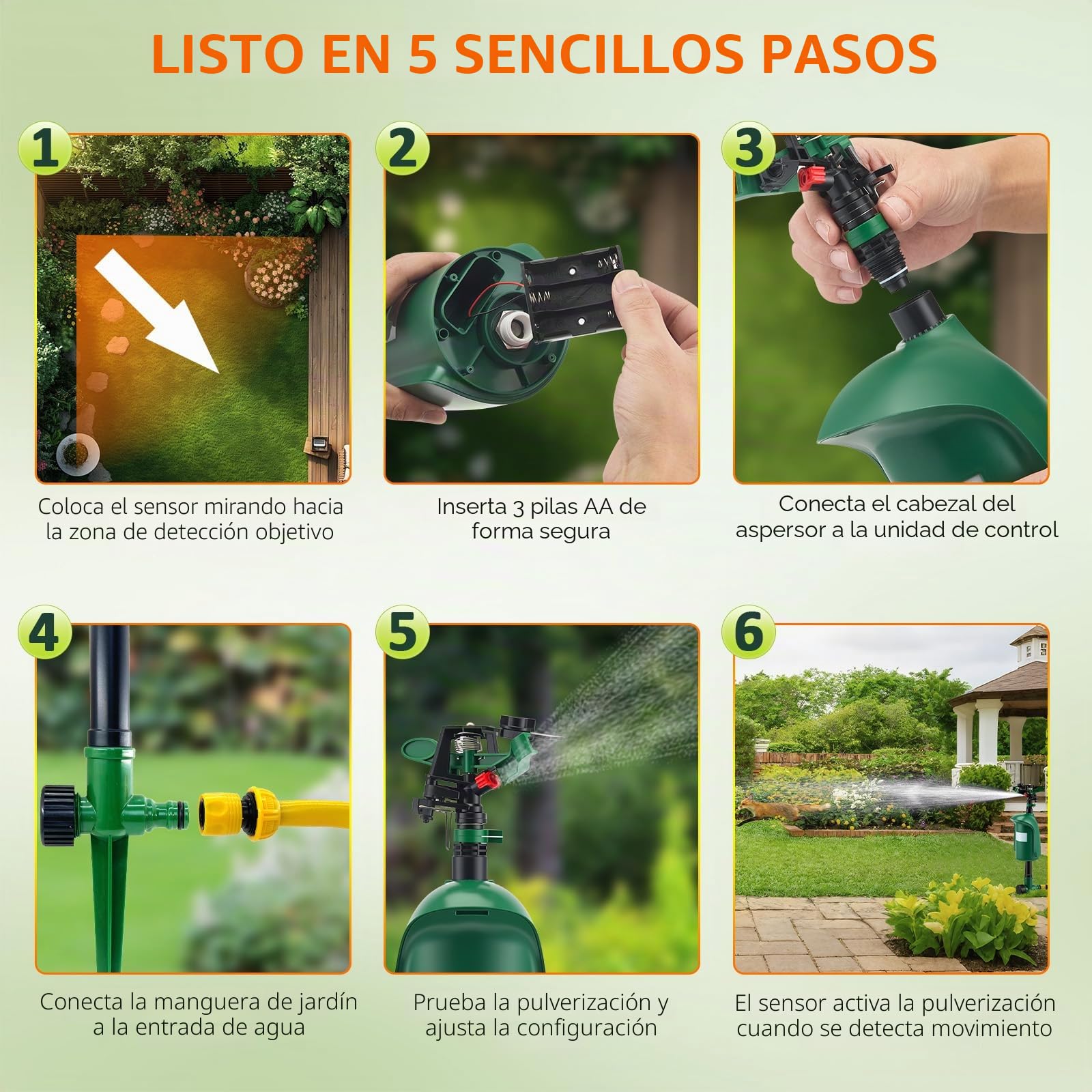 Ahuyentador de Animales por Agua, Aspersor de Agua para Jardín y Estanque con Sensor de Movimiento PIR, Alcance de hasta 10 m, Repelente Plagas para Ahuyentar Gatos, Palomas, Zorros y Pájaros