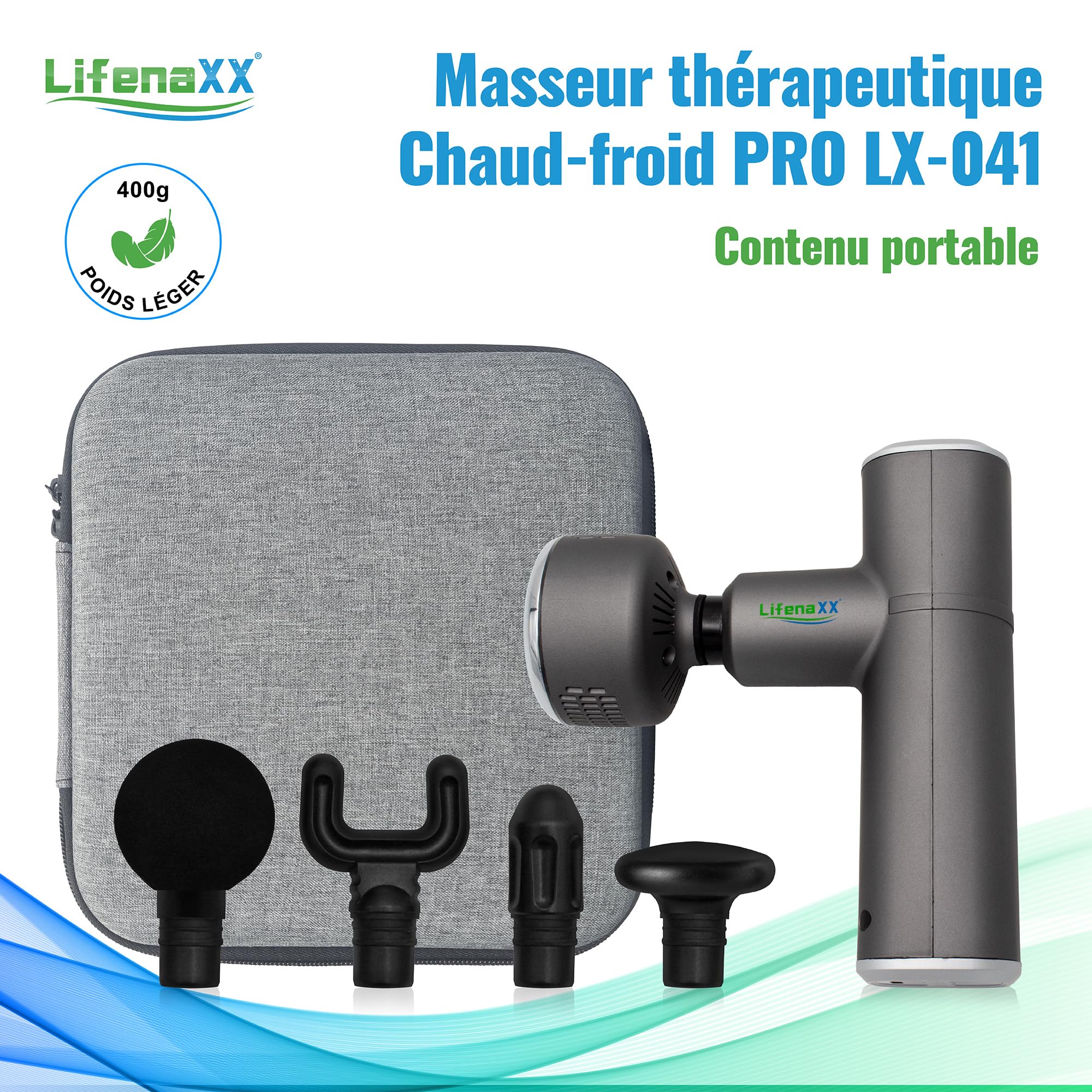 Pistolet de massage LX-041 Lifenaxx pour tissus profonds, 3 niveaux de chauffage et de refroidissement, 5 têtes, 4 niveaux massifs, chargé par USB, 2000mAh – Utilisation après le sport et au quotidien