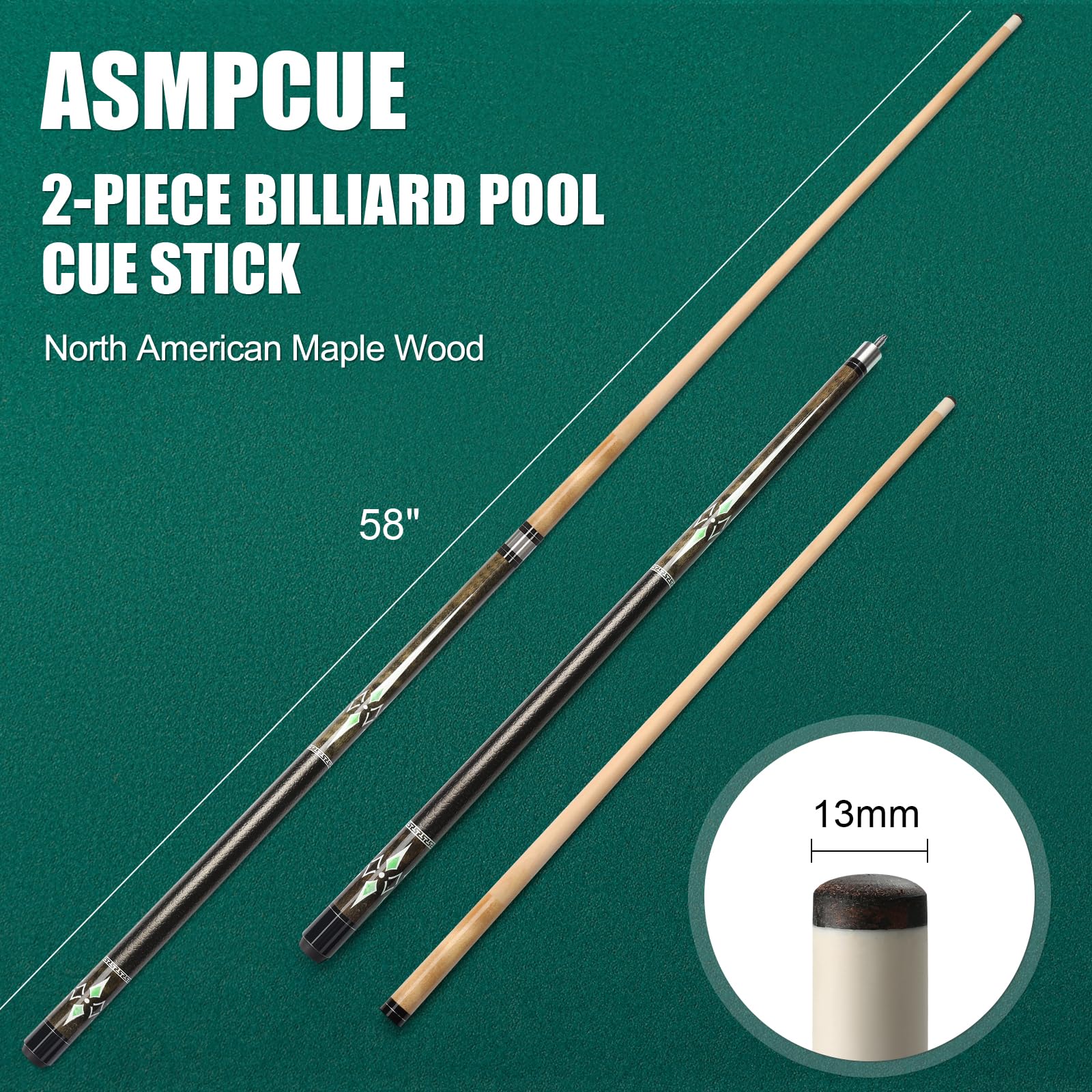 Taco de Billar de 58 Pulgadas, 13 mm Punta de Billar para Jugadores de Billar Profesionales, Mesa de Billar Deportes Bar Piscina Palos para Hombres y Mujeres