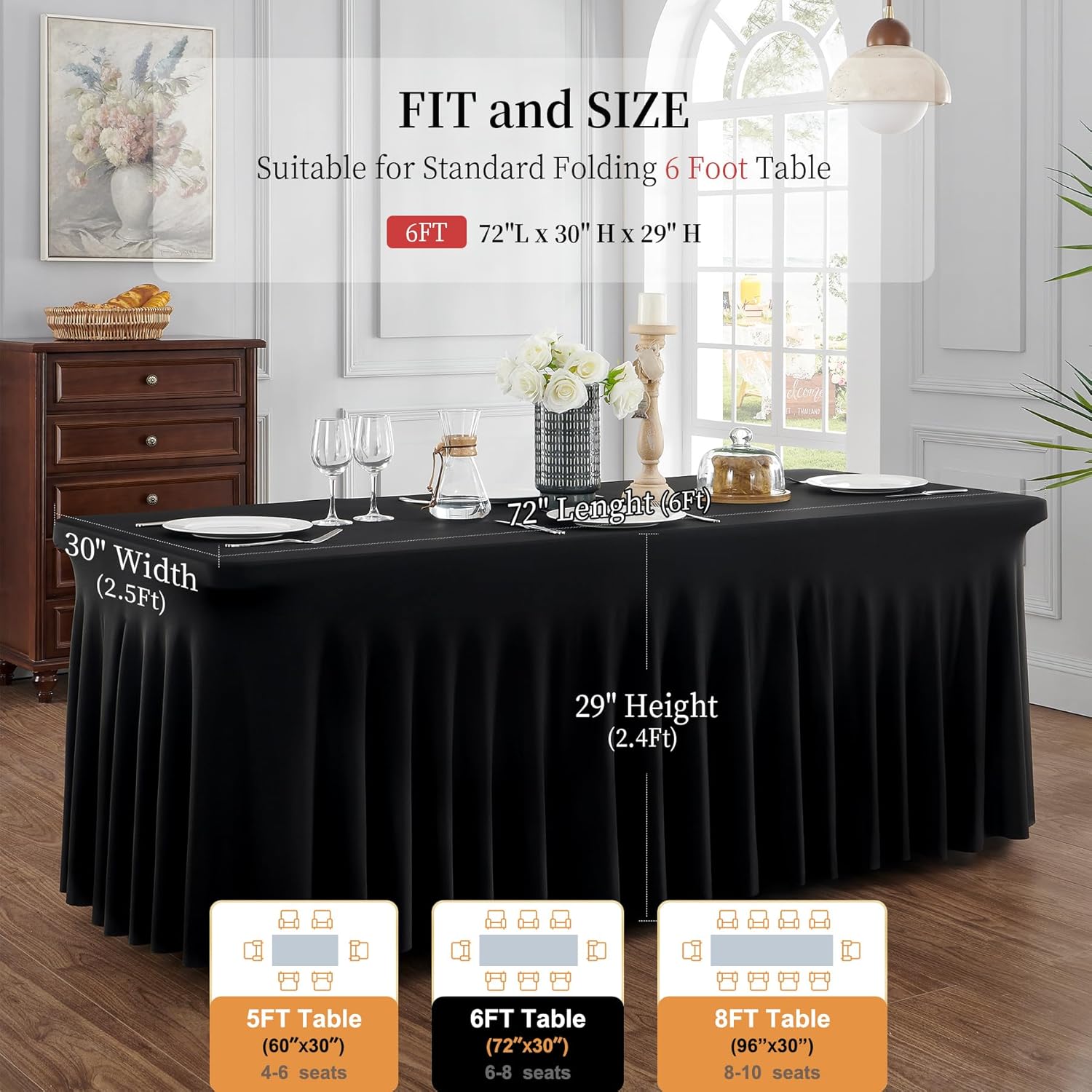 Outpain Spandex Tablecloth for 6 Foot Rectangle Tables, 4 Pack Black Fitted Table Cloths 6ft Stretchy Banquet Table Clothes Cover Desk Skirt for Birthday Wedding Parties Baby Shower