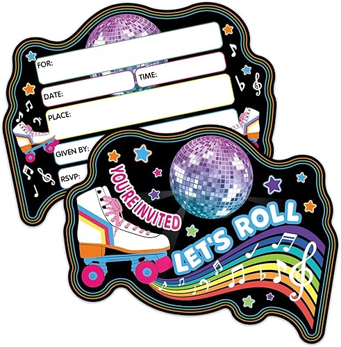 ERHACHAIJIA 15 unidades de patines de bola ligera Let's Roll Disco con forma de arco iris, tarjetas de invitaciones con sobres, divertidas