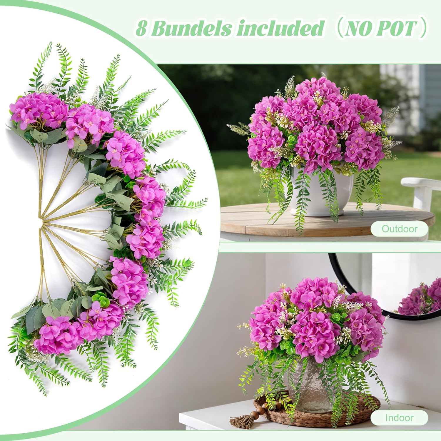 Ammyoo Artificial Hydrangea Flowers Silk Purple Fake Flower with Eucalyptus for Outdoor Decorations UV Resistant Realistic Faux Plants for Garden Porch Window Box Indoor Table Decor