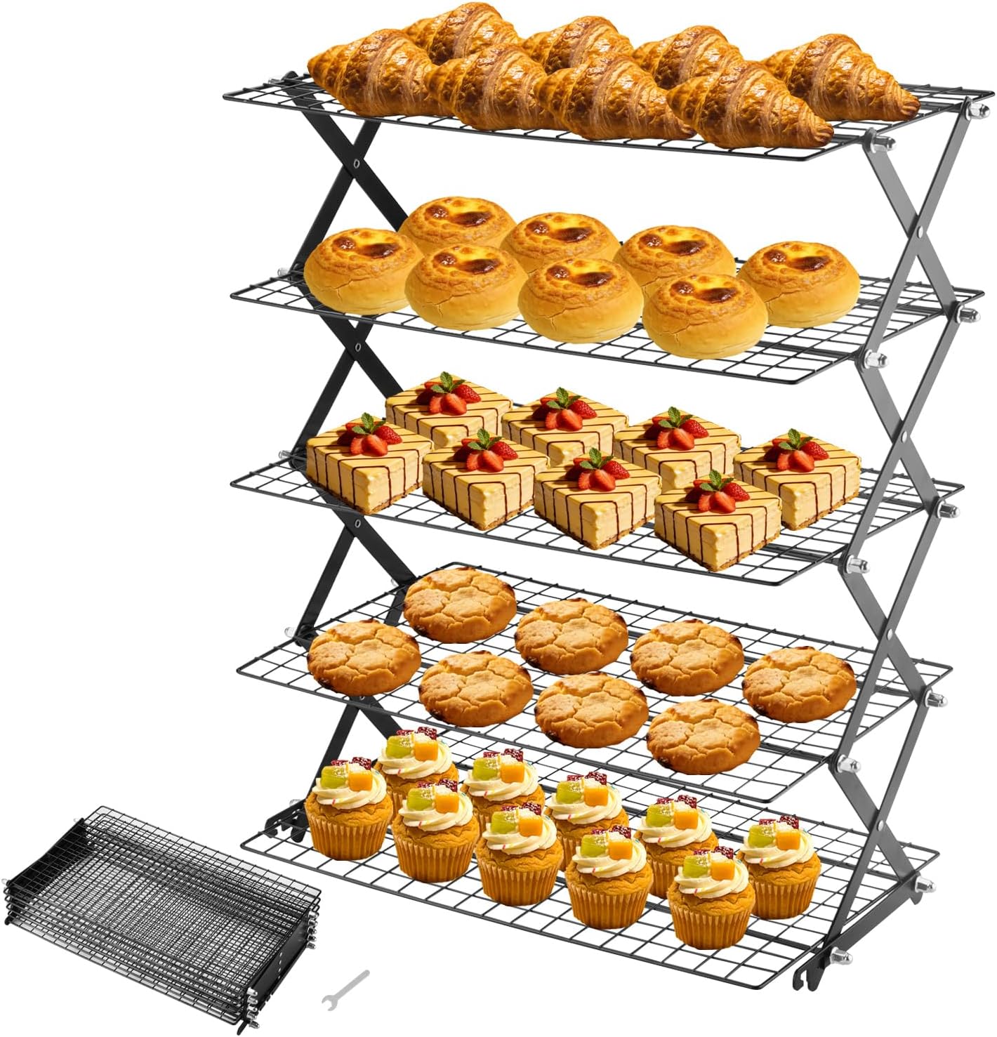 5-Tier Stackable Cooling Rack for Baking, Collapsible Wire Cookie Rack with Adjustable Heights, Non-Stick Roasting & Drying Rack for Cupcakes, Pies and Pastries, Space-Saving Kitchen Essential