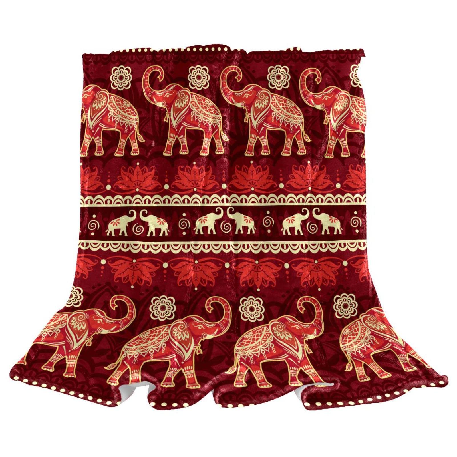 Elephant Red Indian Fleece Throw Blanket for Couch Lightweight Plush Fuzzy