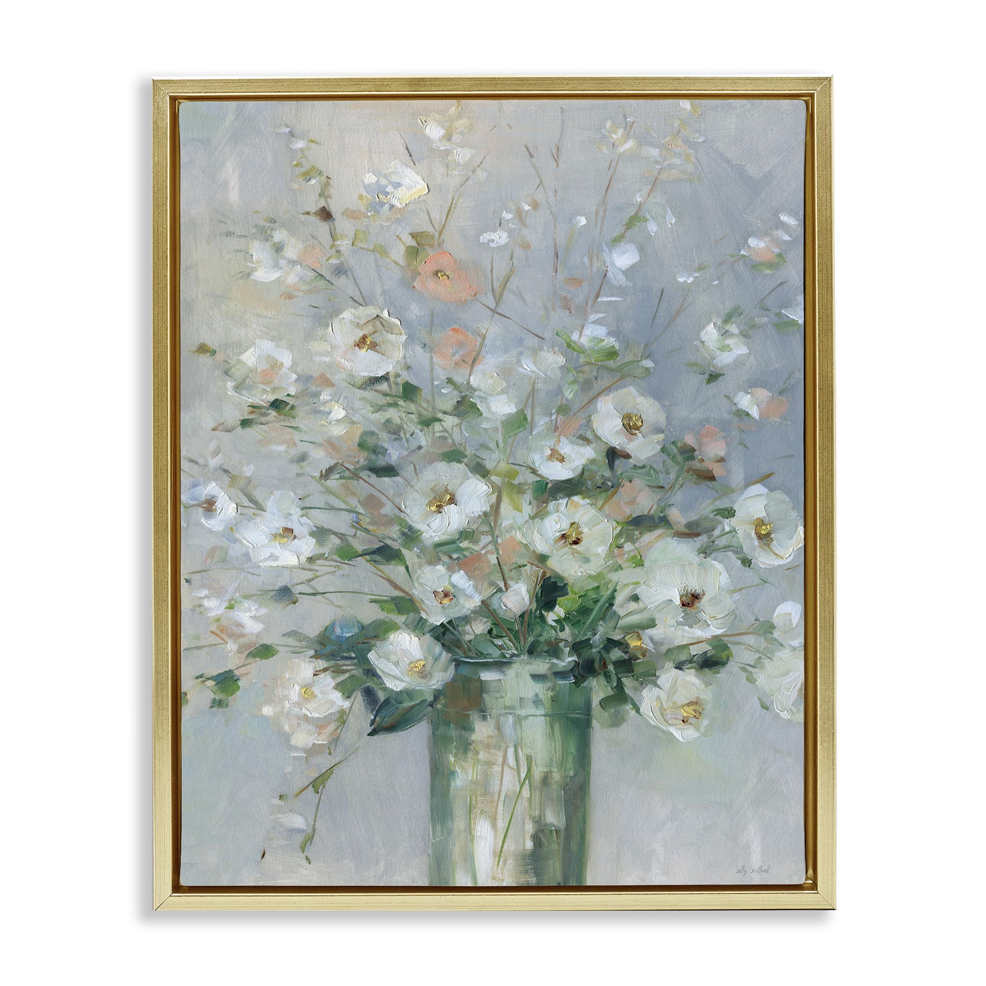 Stupell Industries Metallic Gold (Matte) 'Delicate White Blossoms Impression', Floating Frame Canvas Art, Gold, 17 X 21 Inches, Easy To Hang And Sturdy, Made In Usa, By Sally Swatland