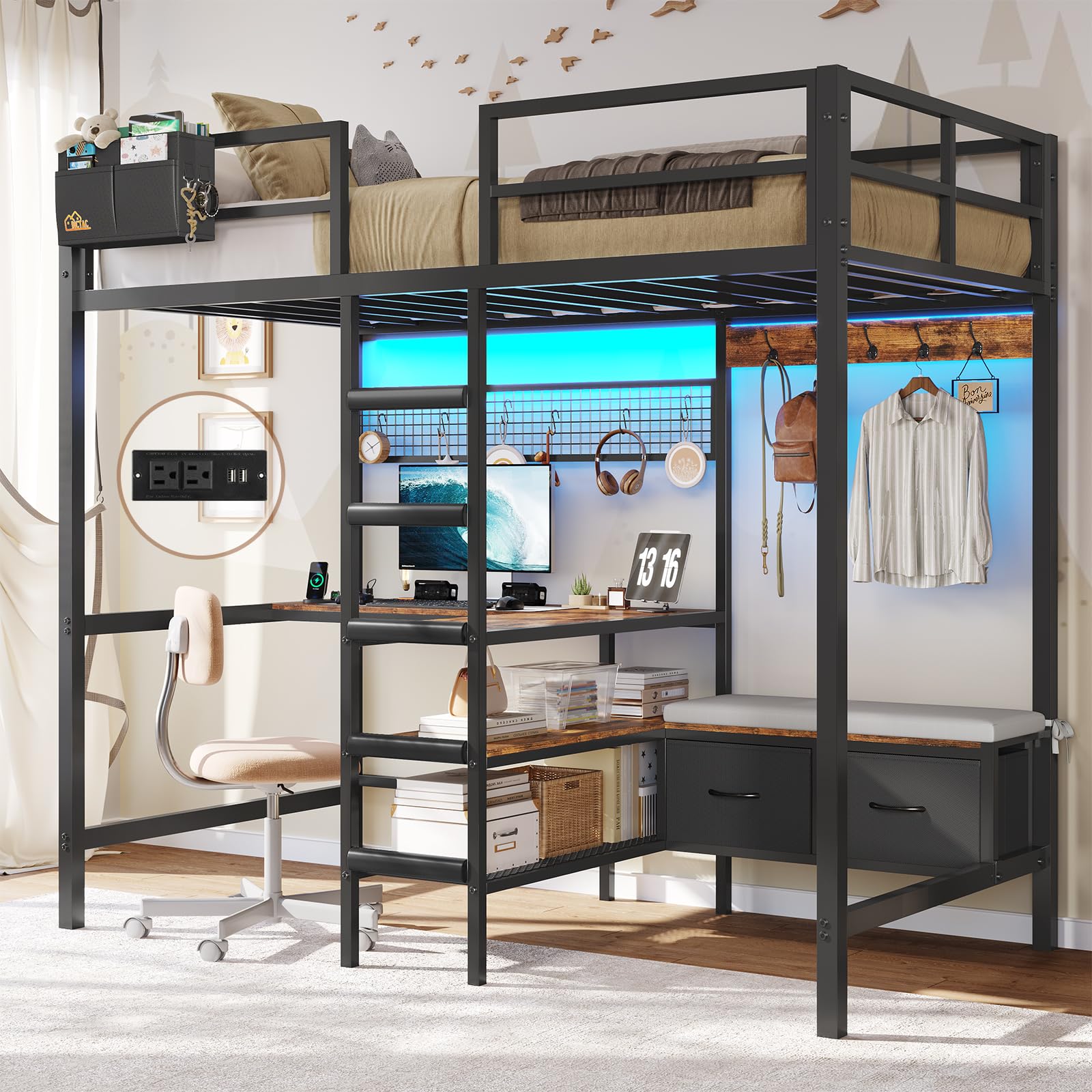 DICTAC Twin Loft Bed with L-Shaped Desk,Storage Shelves and Charging Station Metal Loft Bed Twin Size with LED Lights,Coat Rack with Drawers and Stair