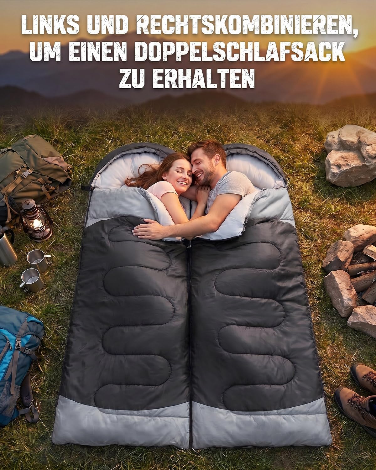Schlafsack Camping für 3–4 Jahreszeiten, Outdoor-Schlafsack für Erwachsene und Kinder, Kompakter Schlafsäcke mit Kapuze & Innentasche, Deckenschlafsack für Bikepacking, Wandern, 220 * 75cm