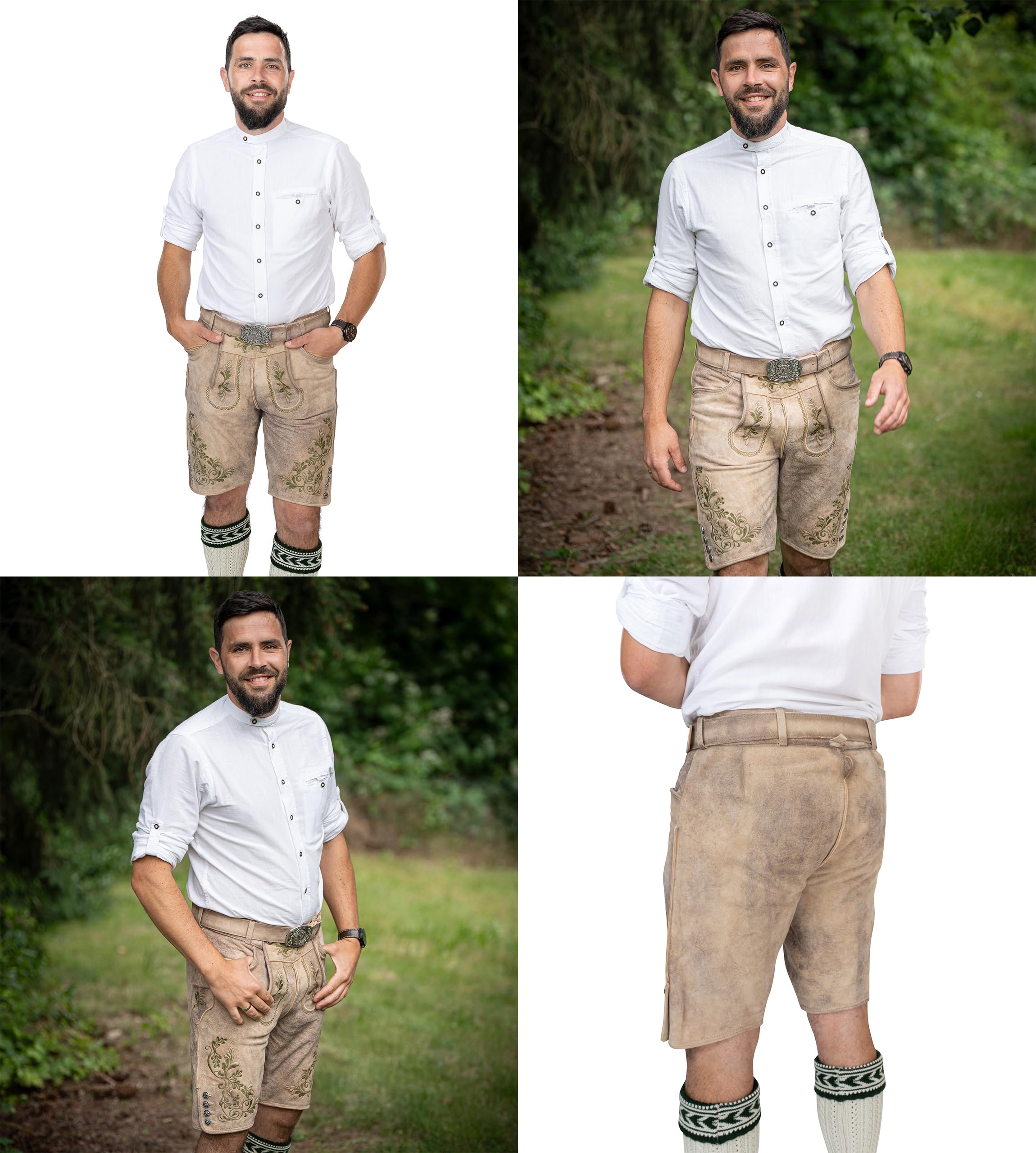 Schöneberger Trachten Couture Herren Lederhose kurz, Original Antik Wildbock Trachtenhose für Oktoberfest, grüne Stickereien, Franz