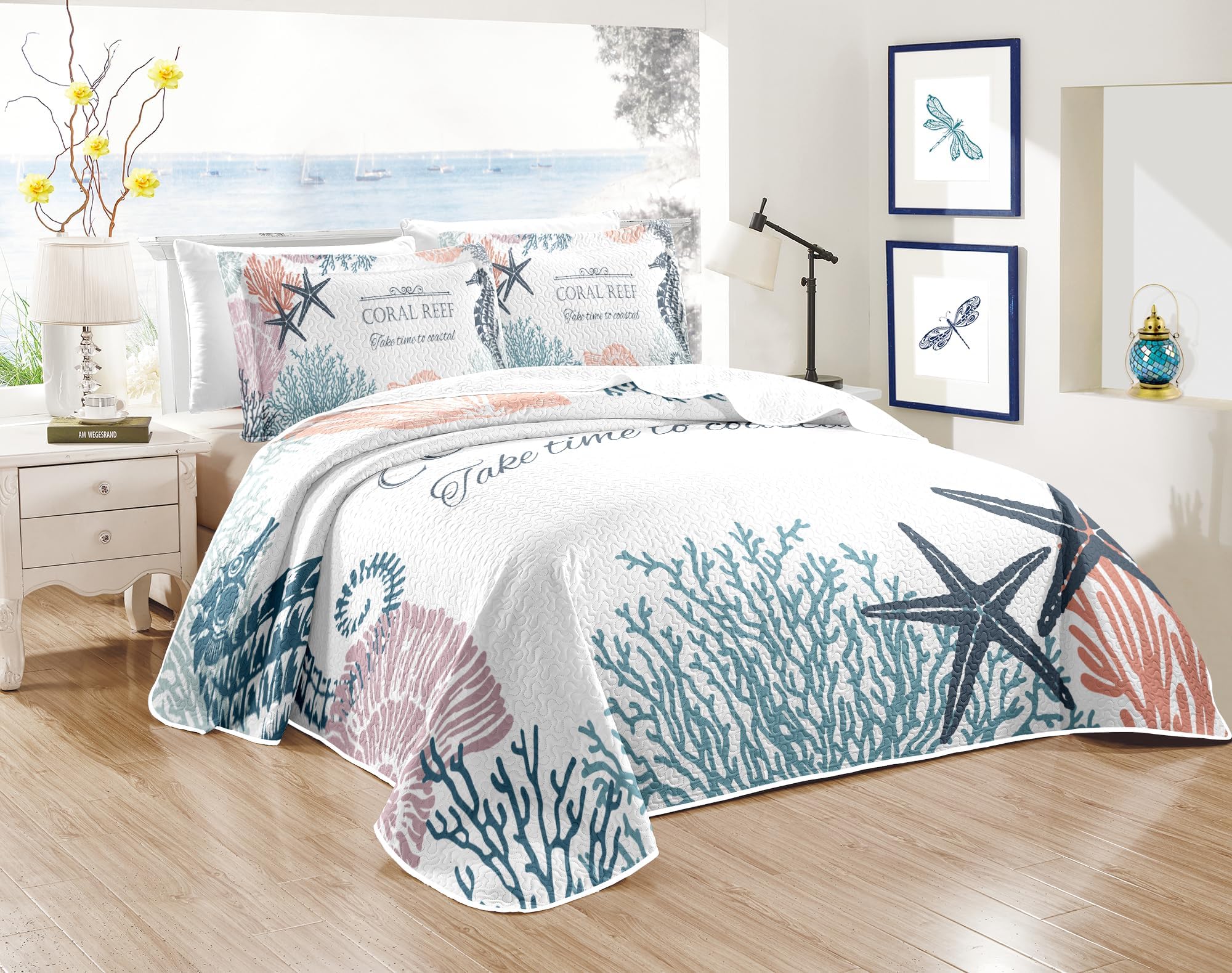 weesire Coastal Bedding Quilt Queen Size with 2 Shams, Nautical Beach Bedspreads Navy Blue Ocean Coastal Coverlet Sets Summer Comforter Set for All Season, 90x96