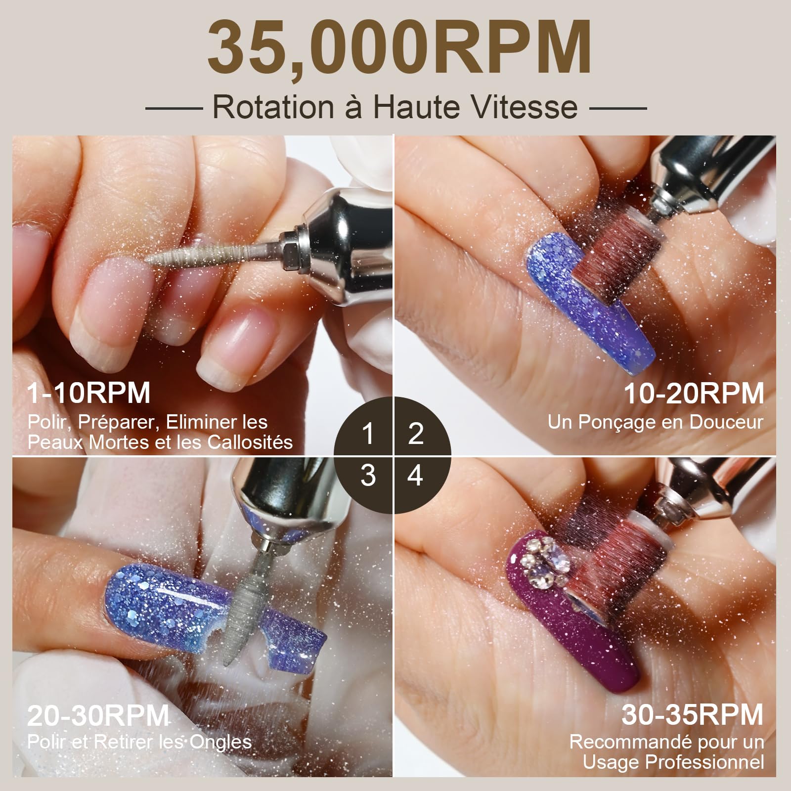 Ponceuse pour Ongles Électrique Professionnelle 35000 Tours - Portable Rechargeable pour Acrylique/Gel, Machine Manucure/Pédicure Puissante et Silencieuse - Pour Salon/Maison (Blanc Pur)