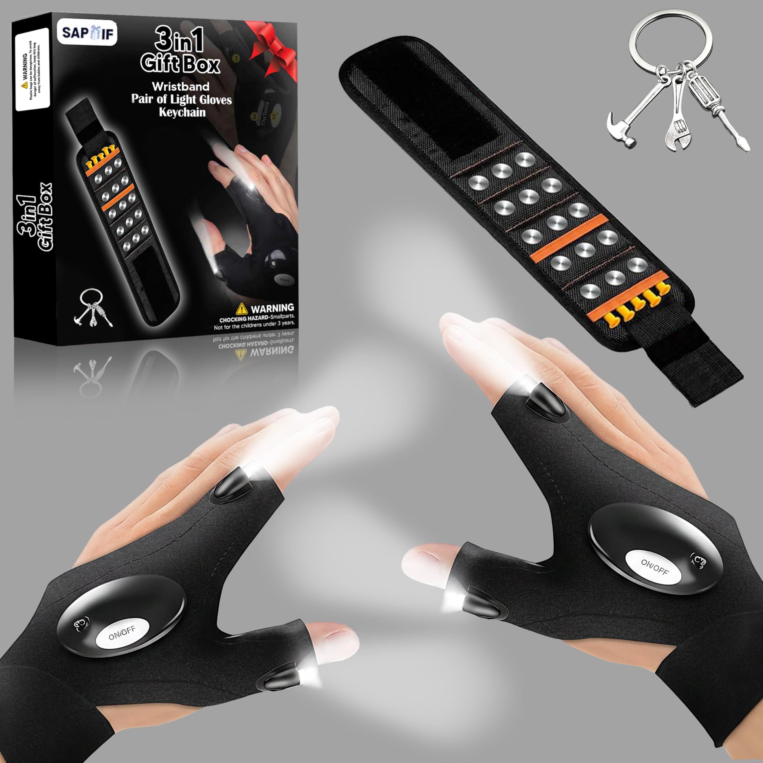 SAPGIF Gift for Men 3 in 1 Set with Magnetic Wristband LED Light Gloves and Keychain Fathers Day Easter Gifts for Him Father Boyfriend Unique Gift Box for Men Adults Teens Boys