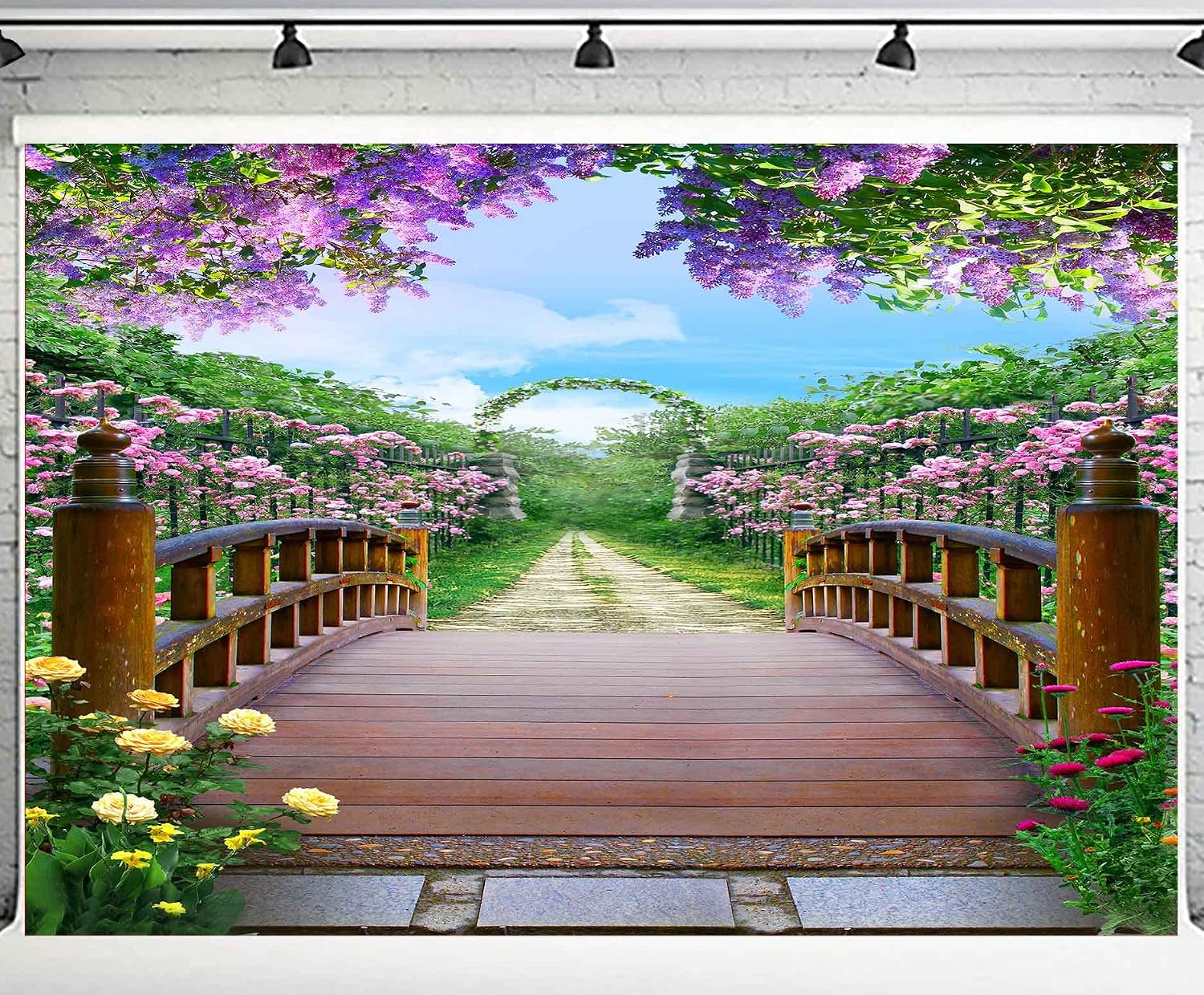 Spring Blossom Flower Backdrop Lilac Rose Garden Path Wooden Bridge Floral Backdrops Vinyl 10x7ft Natural Scenery Romantic Wedding Anniversary Prom Baby Photos Even Photography Backdrops