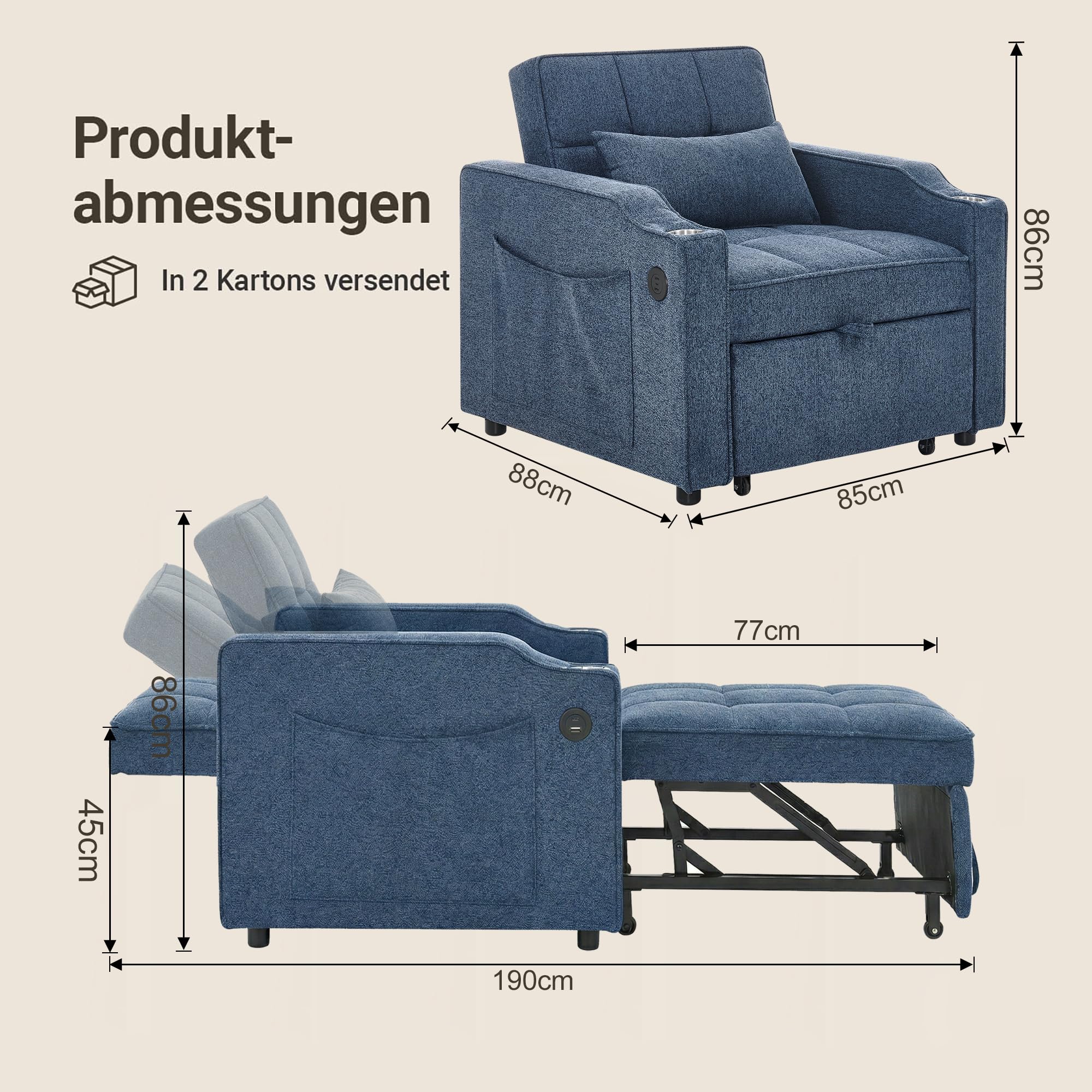 Generisch 3-in-1 Schlafsessel Marineblau 190cm Liegefläche mit USB/Type-C Anschluss, Edelstahl-Getränkehalter, 3-stufig Verstellbarer Rückenlehne, Seitentaschen, Schlafsofa für kleine Räume & Gäste