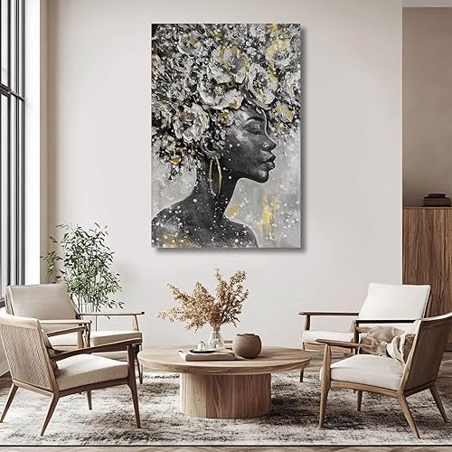 Miniatura 8 de MLART99 Pósteres afroamericanos de mujer negra, arte de pared, lienzo floral dorado y blanco, ilustraciones para sala de estar, impresiones
