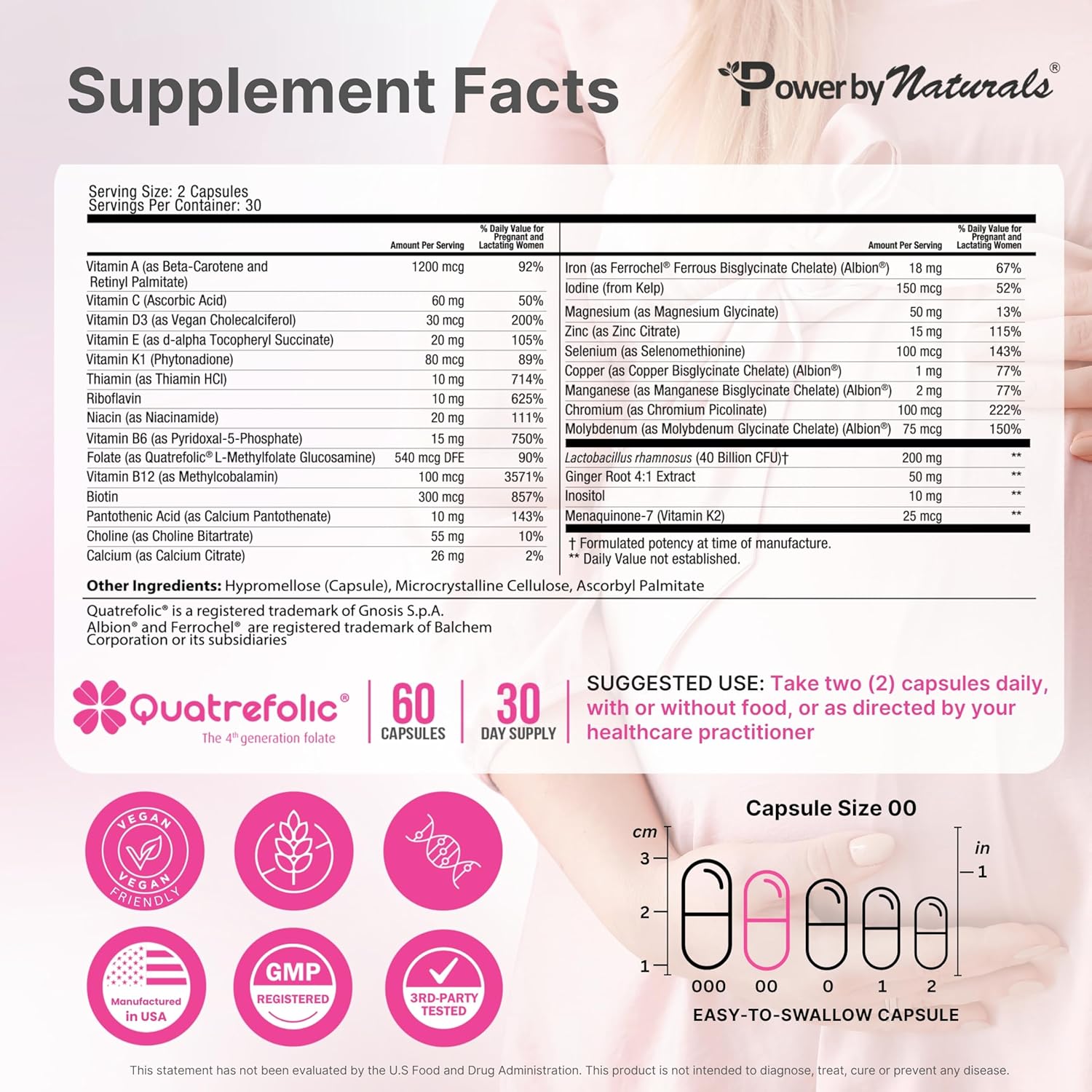 Power By Naturals Methyl Prenatal with Probiotics – Prenatal Vitamins for Women with Iron, Methyl Folate, Ginger, Active B12 & 27+ Essential Nutrients, Pregnancy Supplements, 60 Vegan Capsules - Image 2