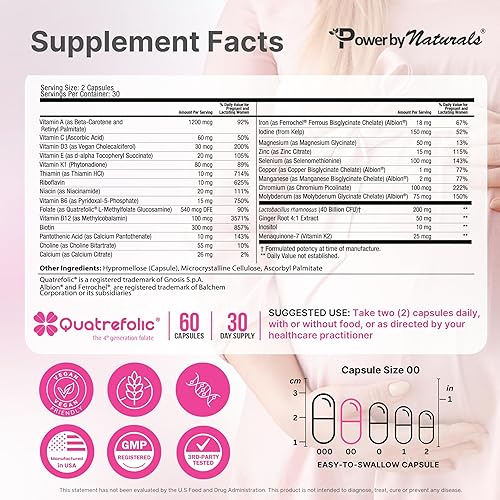 Miniatura 2 de Power By Naturals Metil prenatal con probióticos - Vitaminas prenatales para mujeres con hierro, folato de metilo, jengibre, B12 activo y 27+