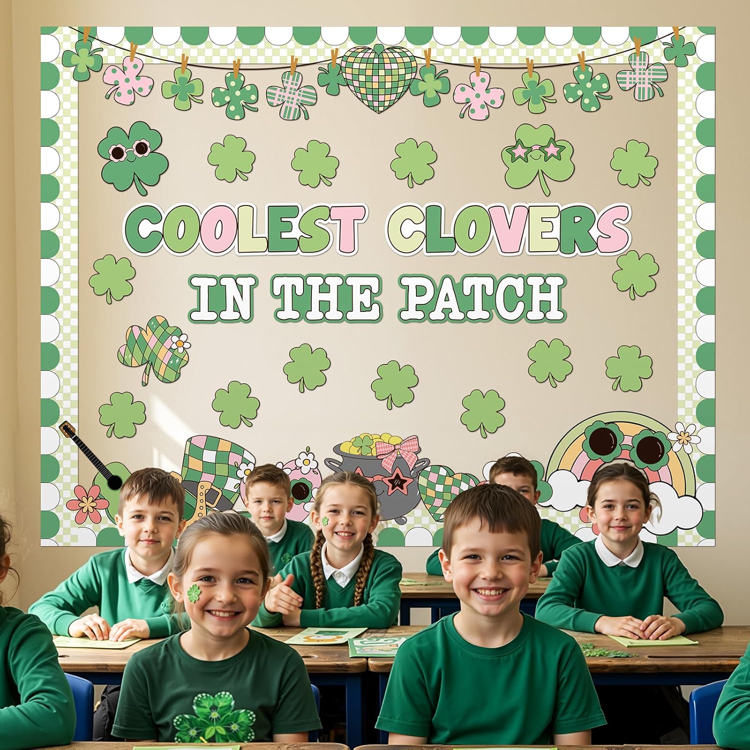 Mooliwe 71Pcs St. Patrick's Day Bulletin Board Set DIY Green Shamrock Cutouts March Bulletin Board Decorations for Irish Holiday School Chalkboard Classroom Door Wall Party Decor
