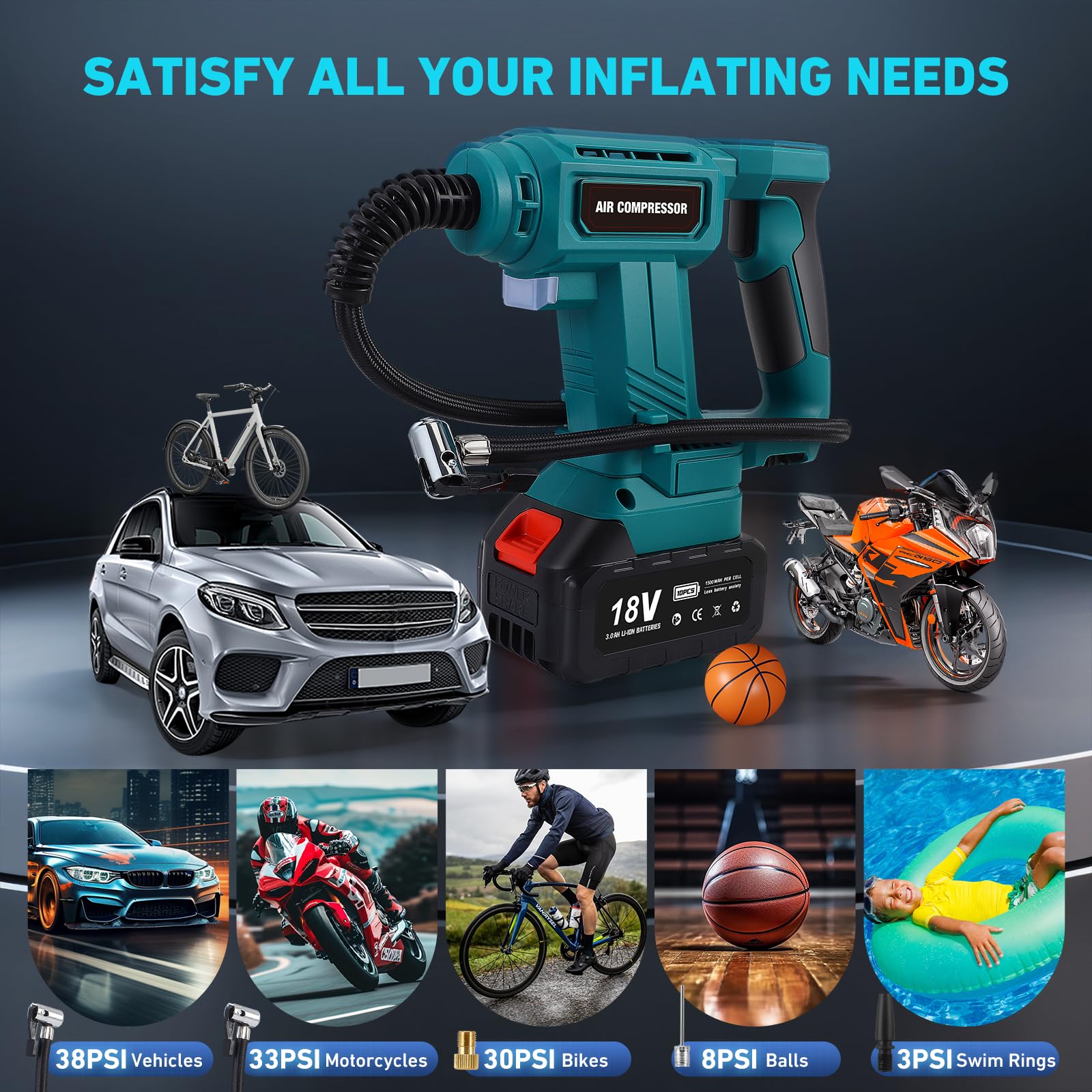 Compresor de aire portátil para baterías 18 V, máx. 11 bar, inflador automático con manómetro digital, bomba de aire para coche, moto, bicicleta, balón deportivo