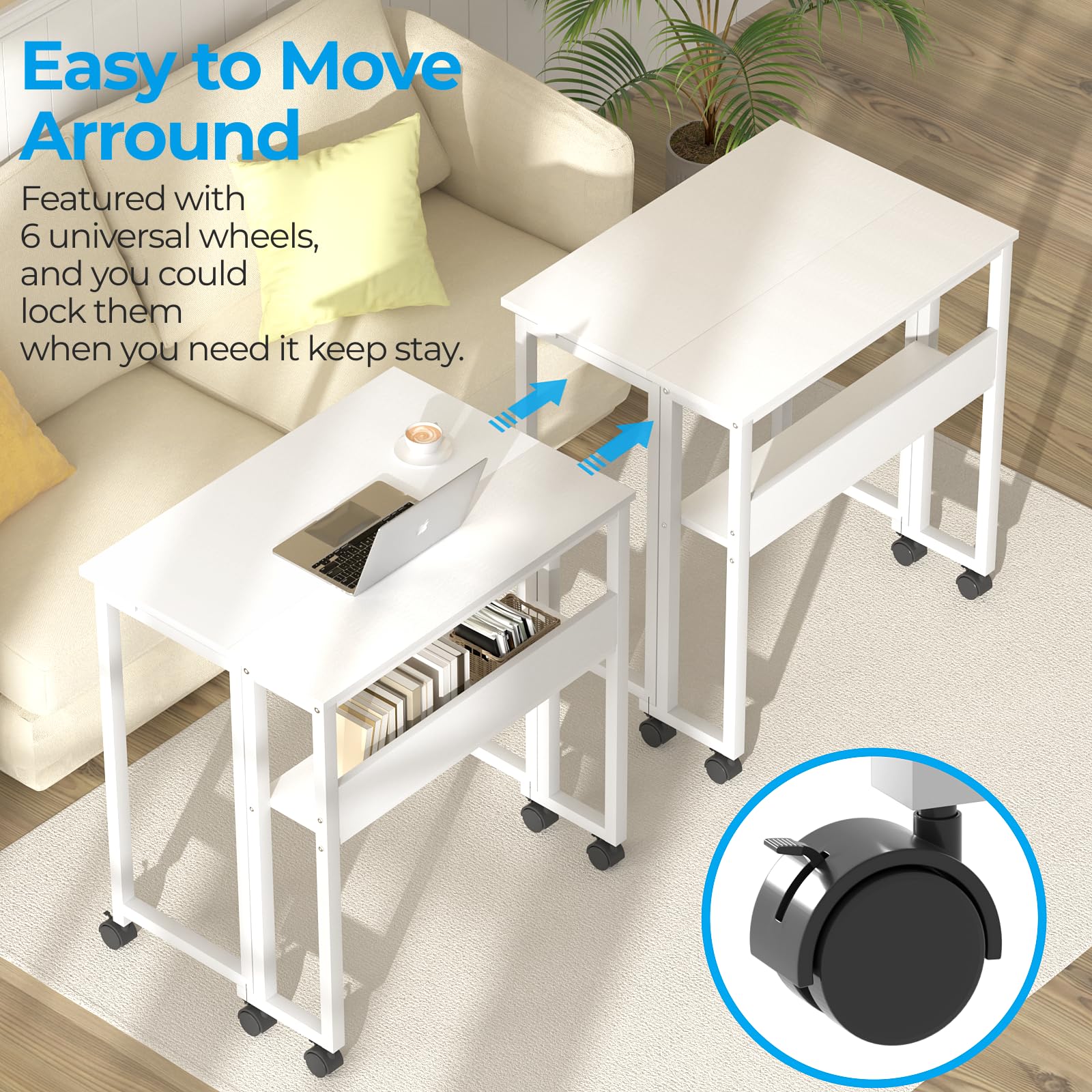 GreenForest Piccola Scrivania Pieghevole Salvaspazio con Scaffale, 63 CM Scrivania da PC su Ruote Facile da Assemblare, Adatta per Ufficio, Camera da Letto e Studio, Bianca