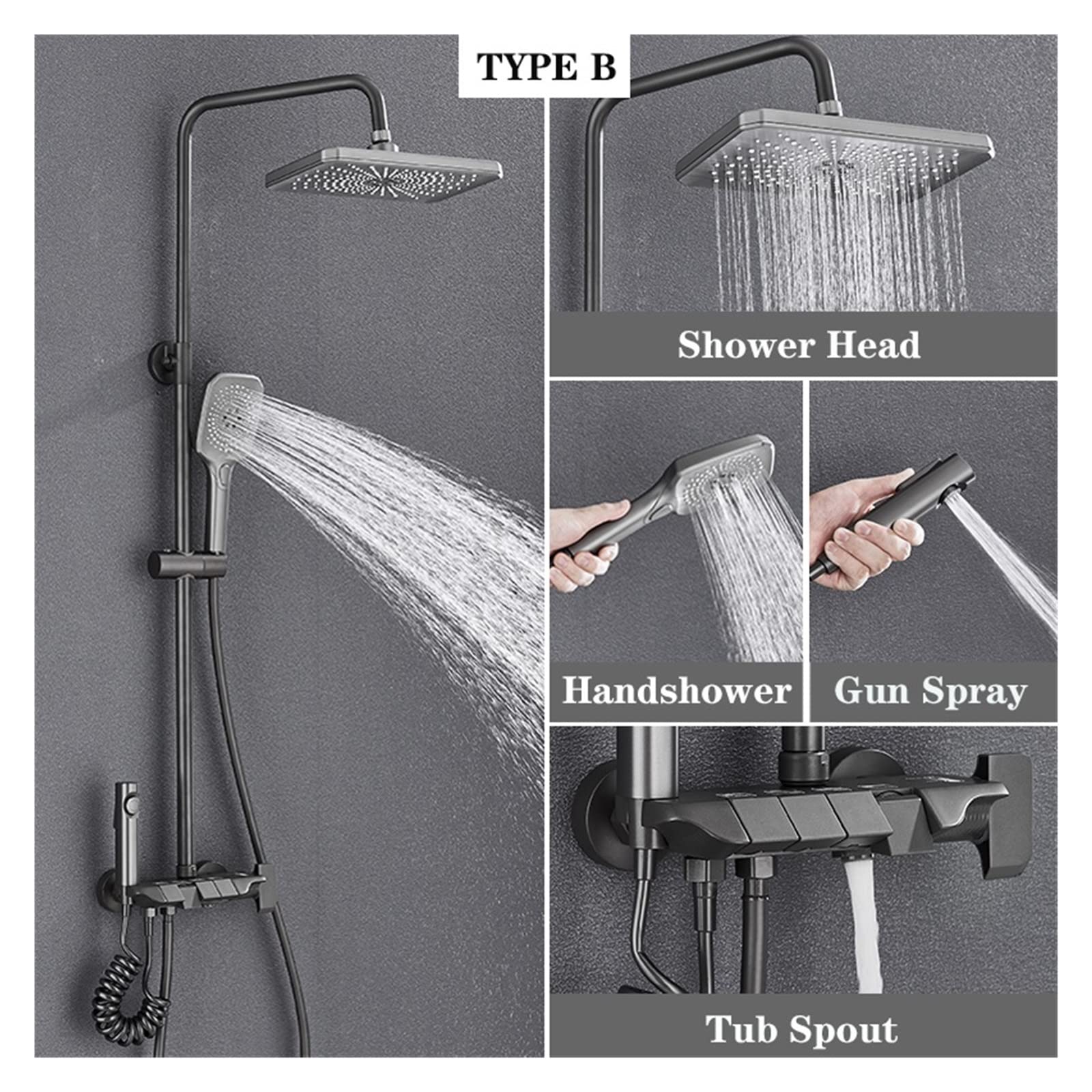 Set Doccia Digitale for Pianoforte Nero Rubinetti da Bagno in Ottone Intelligenti Rubinetto a Cascata Calda e Fredda Doccia Grigio a Pioggia(Grey B)