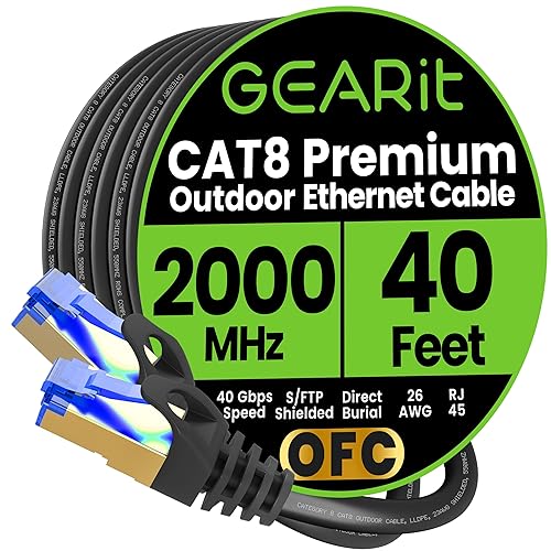 GEARit Cable Ethernet Cat8 para exteriores (40 pies), impermeable, entierro directo, en tierra, chaqueta UV LLDPE, cobre puro, 26 AWG, cable de