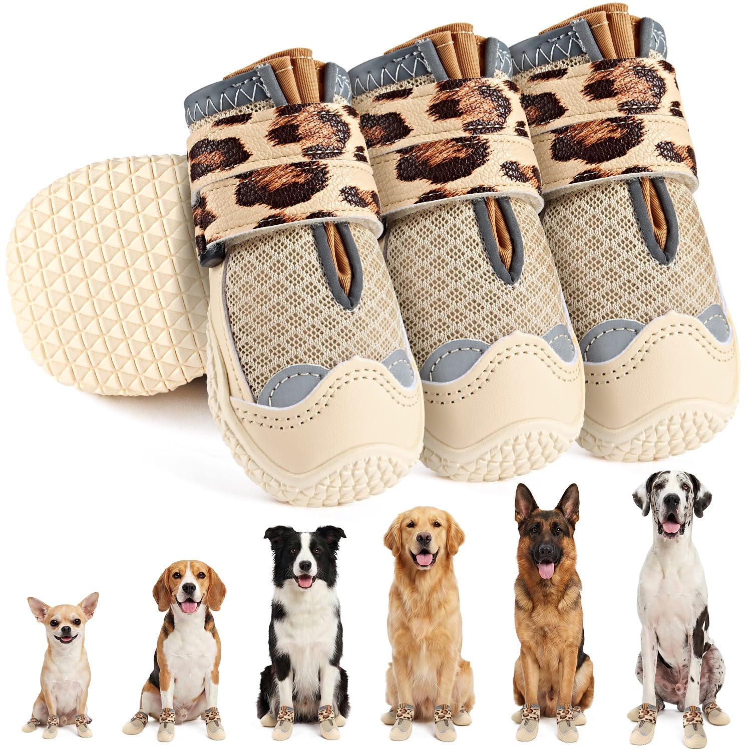 SlowTon Atmungsaktive Hundeschuhe für große, mittlere und kleine Hunde, reflektierende Hundestiefel mit doppelten Riemen und weicher Gummisohle, rutschfeste Pfotenschutzschuhe für Sommer