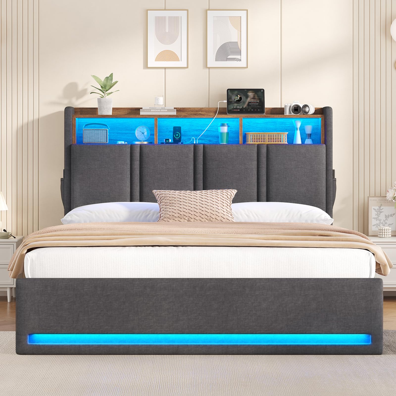 AOGLLATI Lit Coffre 140x190 avec Rangement Hydraulique, Lumières LED et Prise, Tête de Lit avec 3 Étagères Ouvertes & Compartiment Caché, Sommier à Lattes, Lit 2 Personnes, Sans Matelas,Lin Gris Foncé