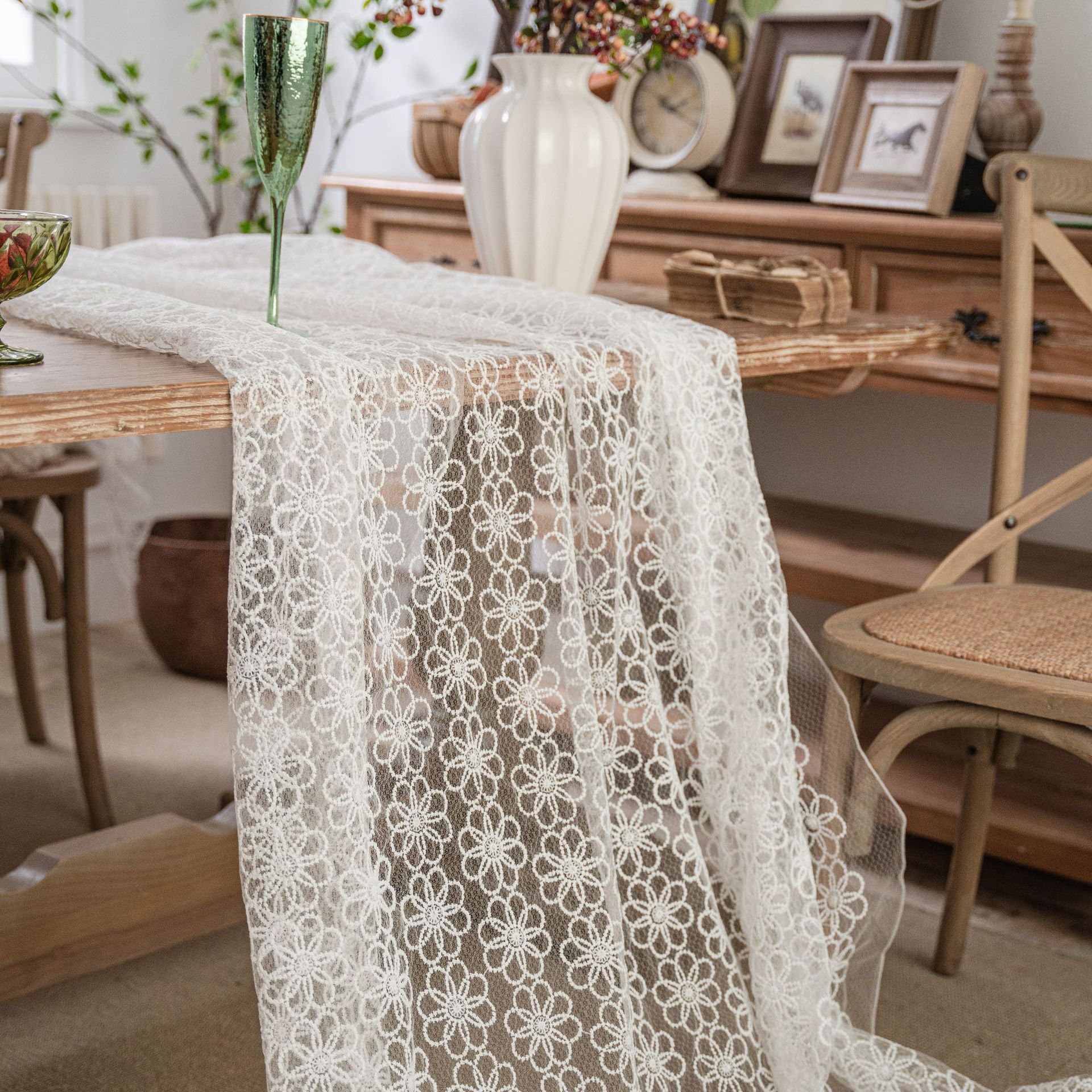 Okrągły obrus z haftem kwiatowym, koronka boho, biały obrus na wesele, dekoracja imprezowa, do jadalni, na imprezę herbacianą (białe kropki, 130 x 400 cm)