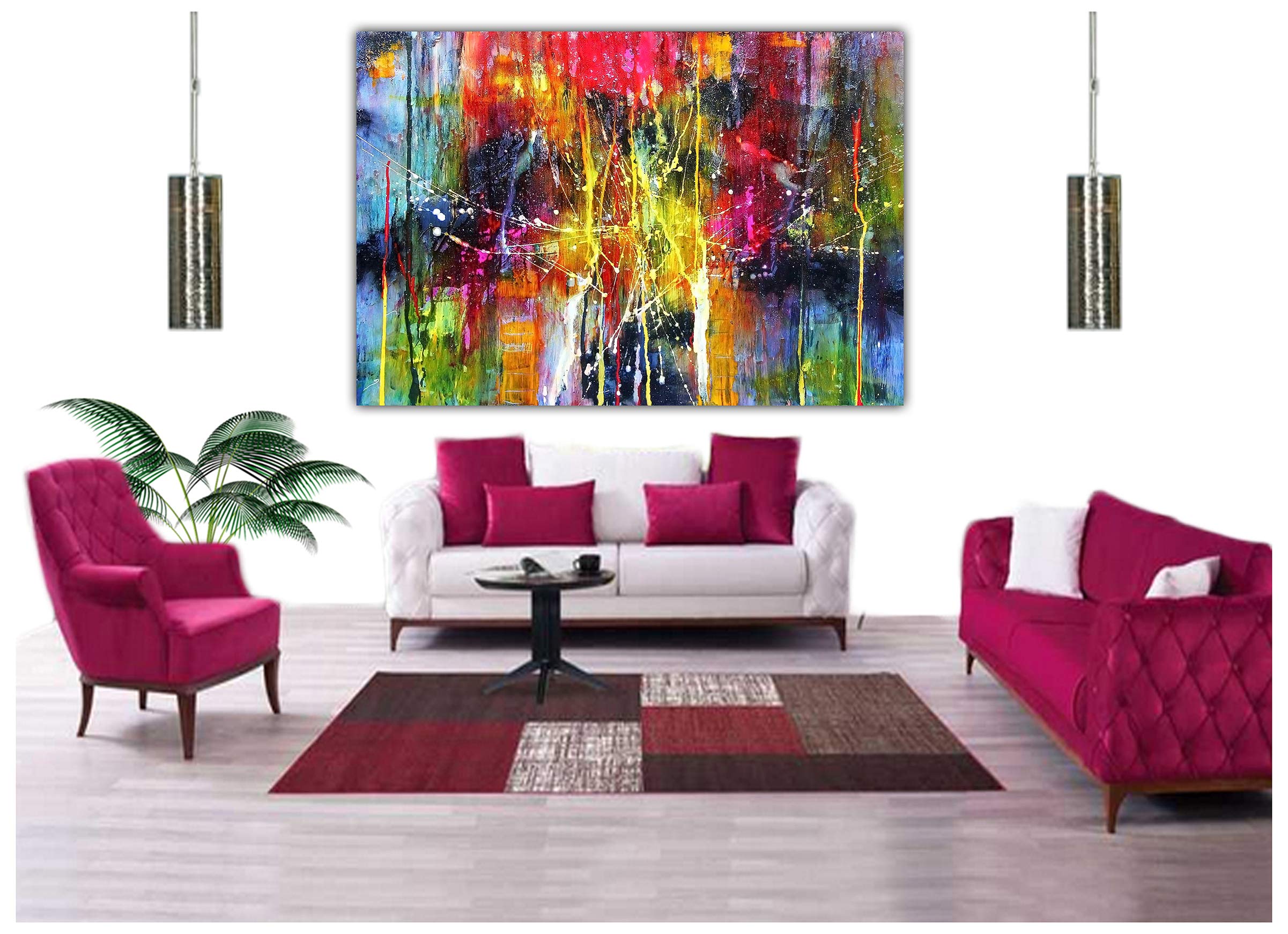 YourHomeArt Ölgemälde im Jackson Pollock-Stil, bunt, abstrakt, Bild, Reproduktion, Druck auf gerahmter Leinwand, Wandkunst, Heimdekoration, 102 x 76 cm, 18 mm Tiefe