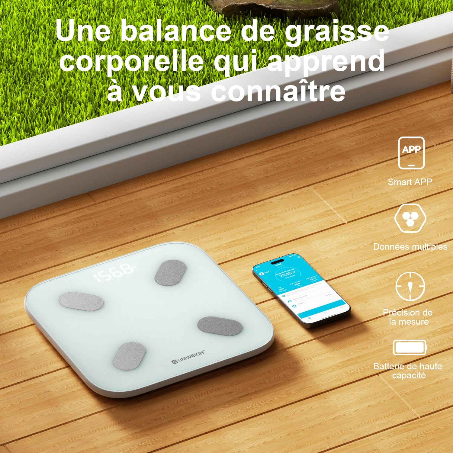 UNIWEIGH Balance intelligente pour le poids corporel,Balance de graisse corporelle Bluetooth pour salle de bain Moniteurs de composition avec APP,Analyseur pour IMC,masse musculaire,protéine,Max 400lb